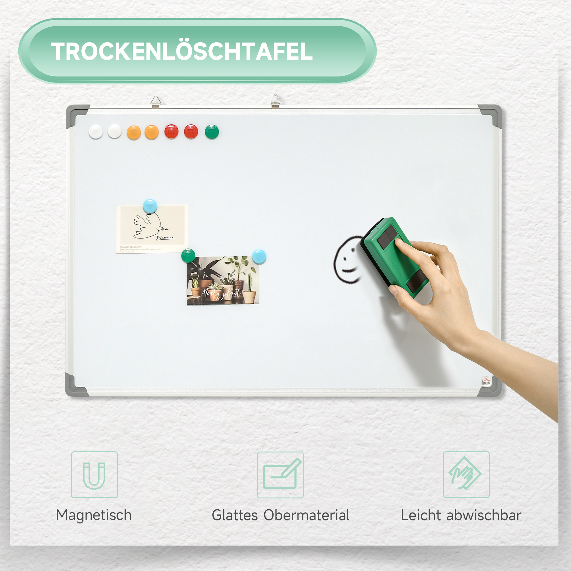 Whiteboard, Magnettafel, Notiztafel, Inklusive Zubehör, 4 Stifte, 1 Schwamm, 10 Magnete, Weiß + Silber 4