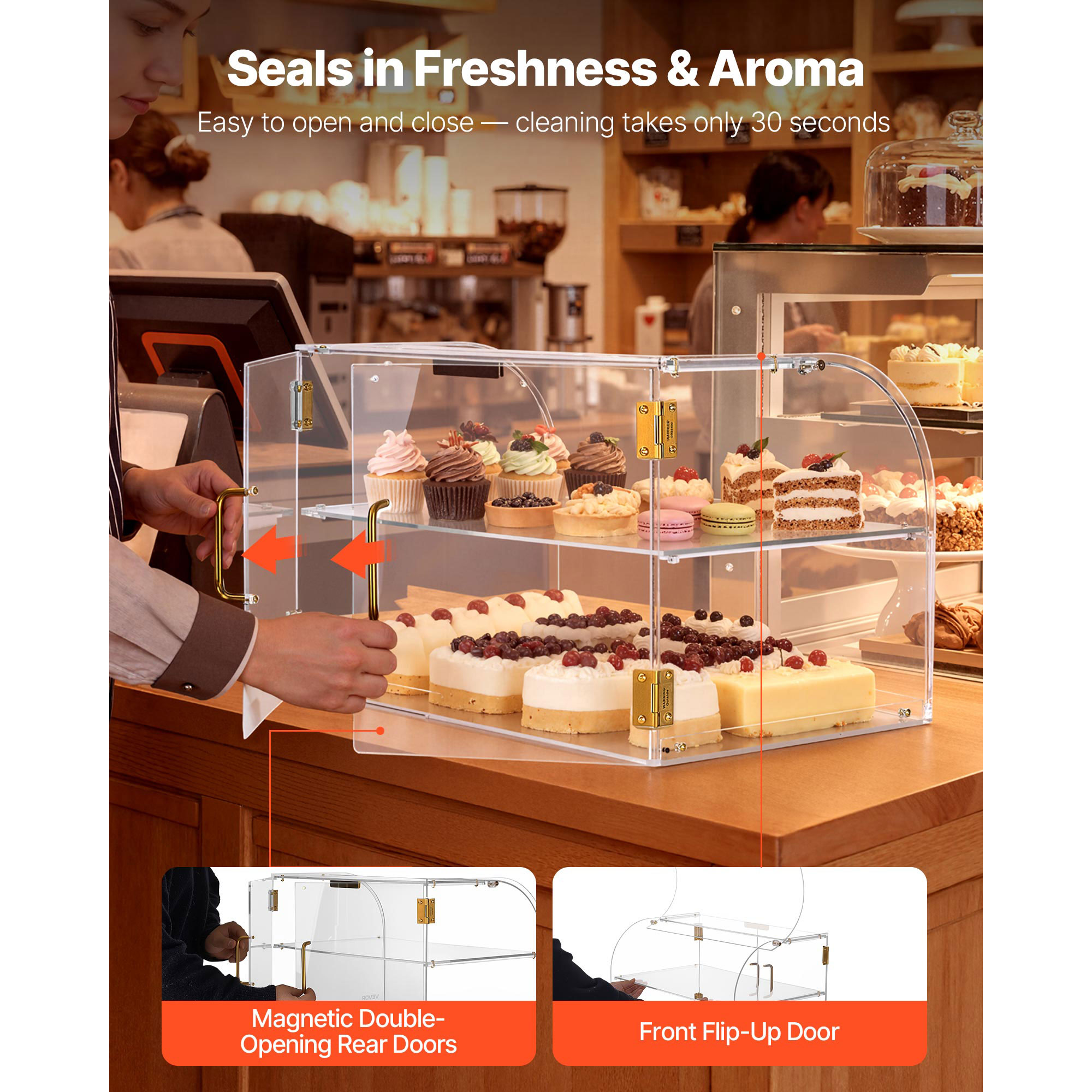 Bakery Display Case, 2-Tier Commercial Countertop Pastry Display Case, Clear Acrylic Bread Box For Kitchen, Party Cake Cabinet With Magnetic Rear Door For Cookie Dessert Donut, 22 X 14 X 14 — foto 4