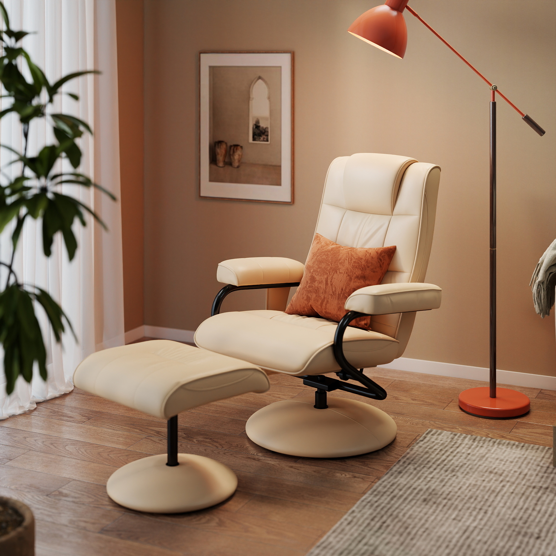 Massagesessel Mit Hocker, Drehbares Relaxsessel Mit Massagefunktion, Elektrisches Fernsehsessel Mit Liegefunktion, Fernbedienung Für Wohnzimmer, Kunstleder, Creme