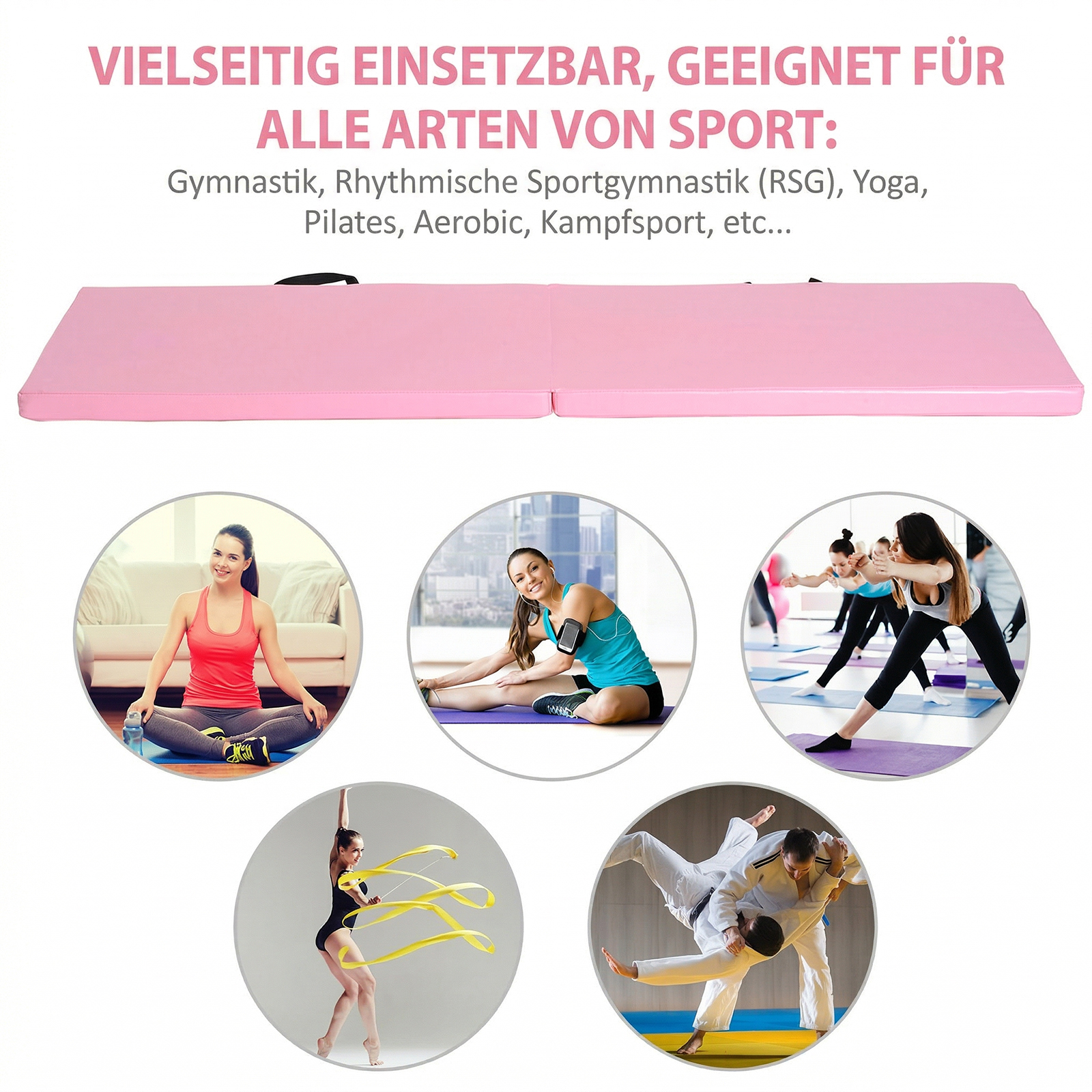 Trainingsmatte Faltbare Fitnessmatte Mit Griffen Für Yoga, MMA, Fitness, Pilates, Synthetikbezug, 180 X 60 X 5 Cm, Rosa