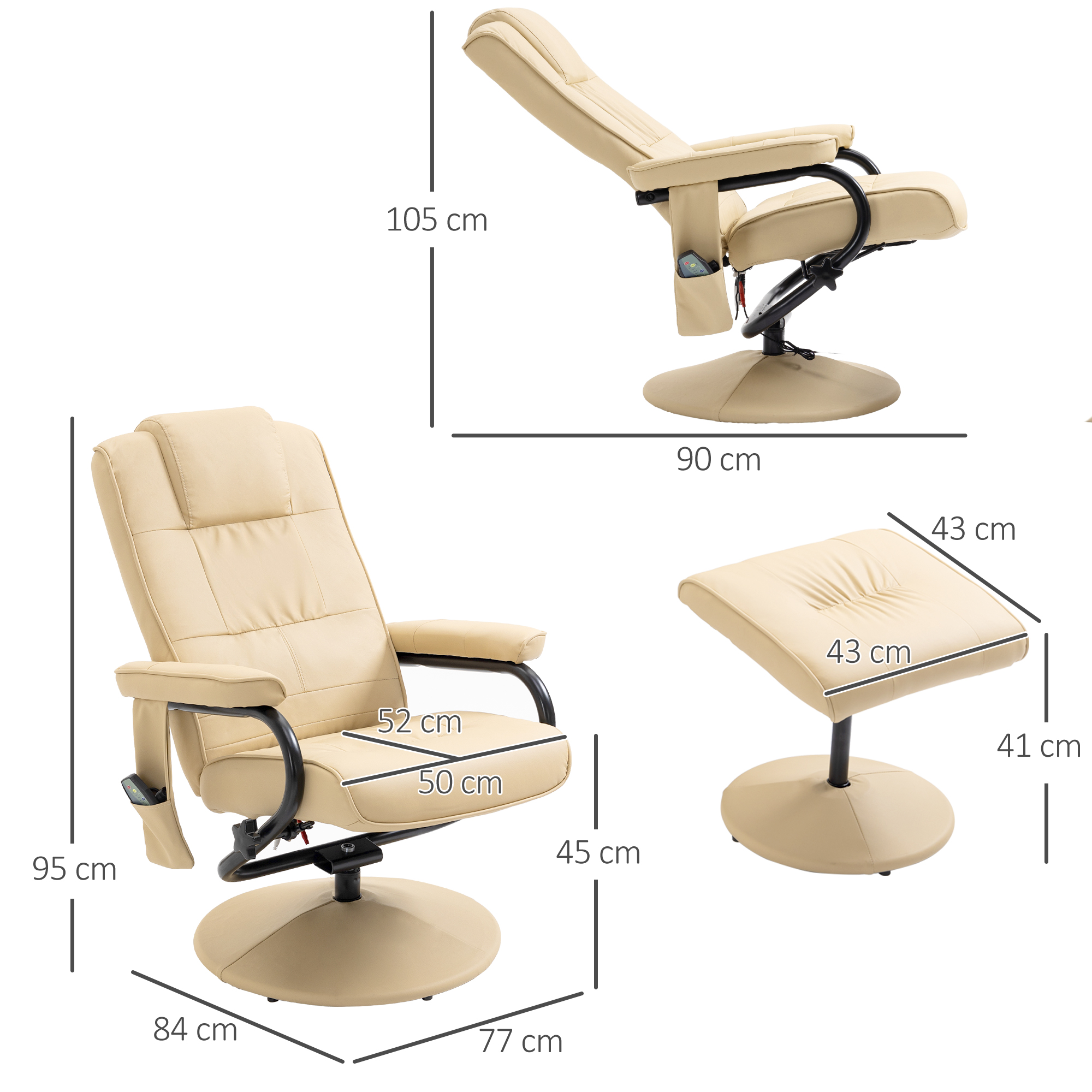 Massagesessel Mit Hocker, Drehbares Relaxsessel Mit Massagefunktion, Elektrisches Fernsehsessel Mit Liegefunktion, Fernbedienung Für Wohnzimmer, Kunstleder, Creme