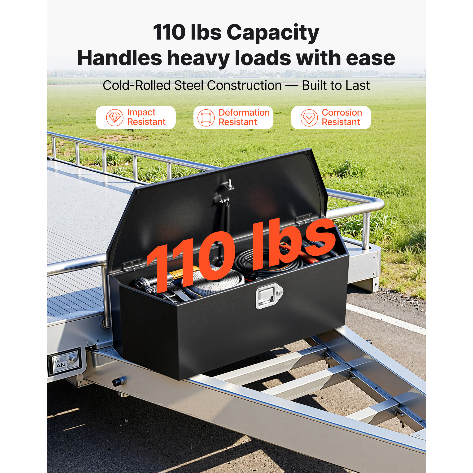 Interior of Vevor steel trailer tongue storage box showing 34x10.5x11 inch usable cargo compartment
