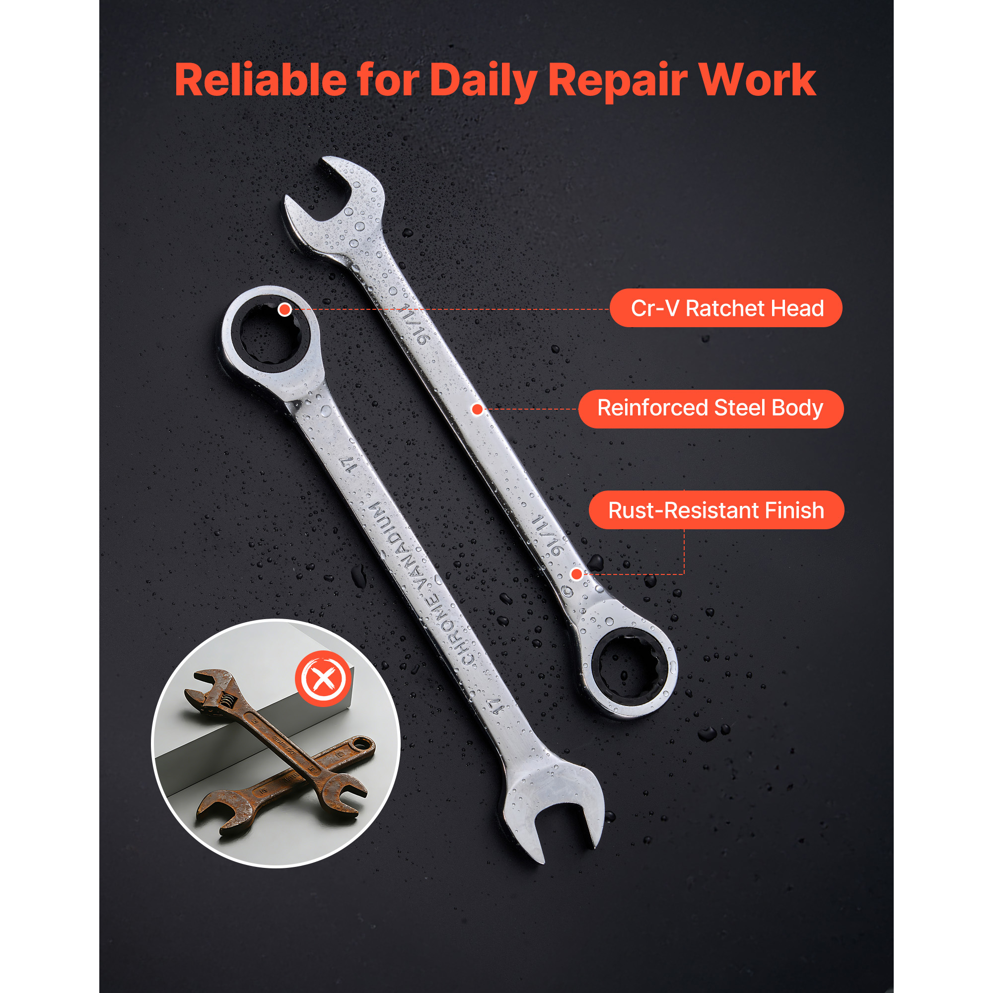 Combination Wrench Set, 26-Piece SAE And Metric, 72 Teeth, Cr-V Steel Ratcheting Wrench Set, With Rack Organizer, Open End, Clear Size Labels, For General Household, Automotive Repairs, Silver image 5
