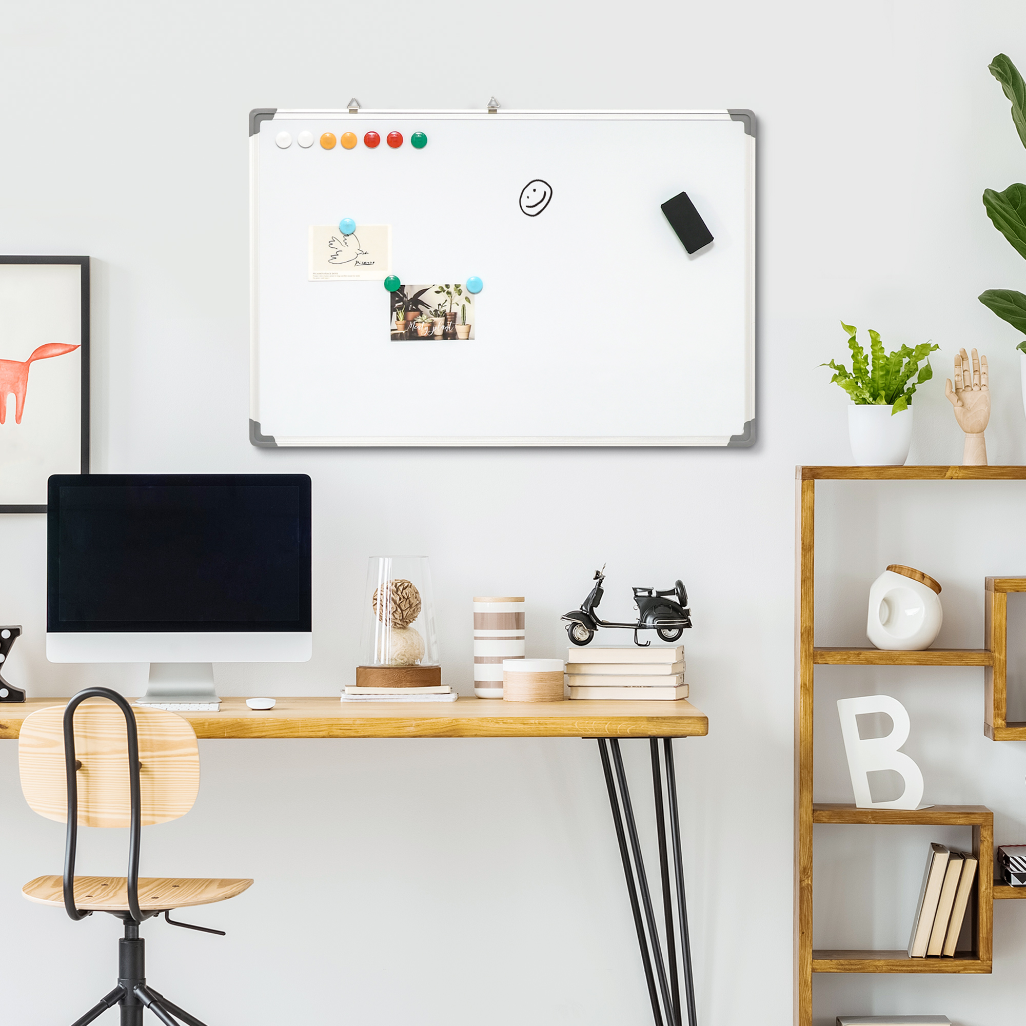 Whiteboard, Magnettafel, Notiztafel, Inklusive Zubehör, 4 Stifte, 1 Schwamm, 10 Magnete, Weiß + Silber 2