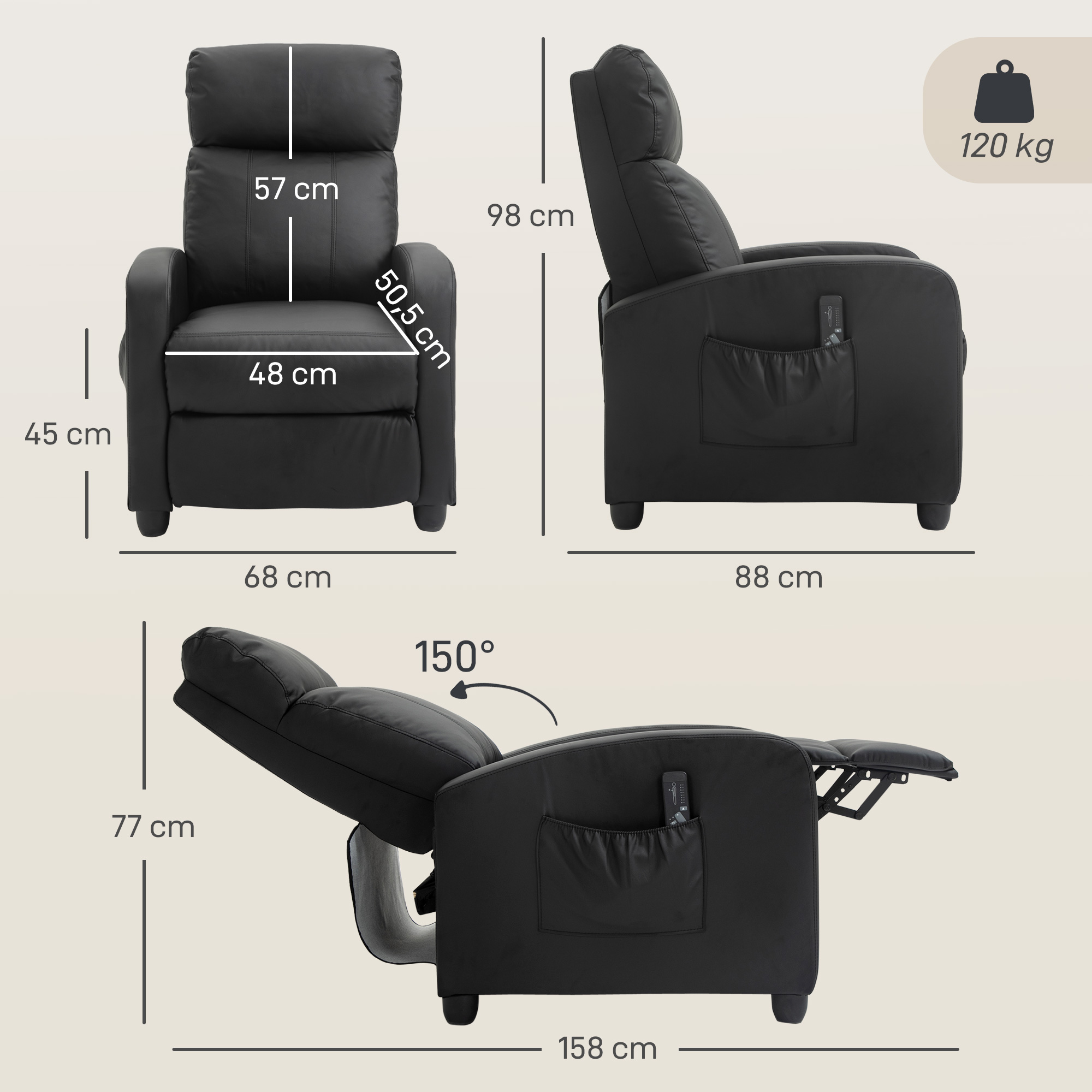 Relaxsessel Fernsehsessel Mit Vibrationsmassage, Massagesessel Mit Liegefunktion, 2 Massagepunkte, TV Sessel Mit Fernbedienung, Seitentasche, Kunstleder Für Wohnzimmer, Schwarz