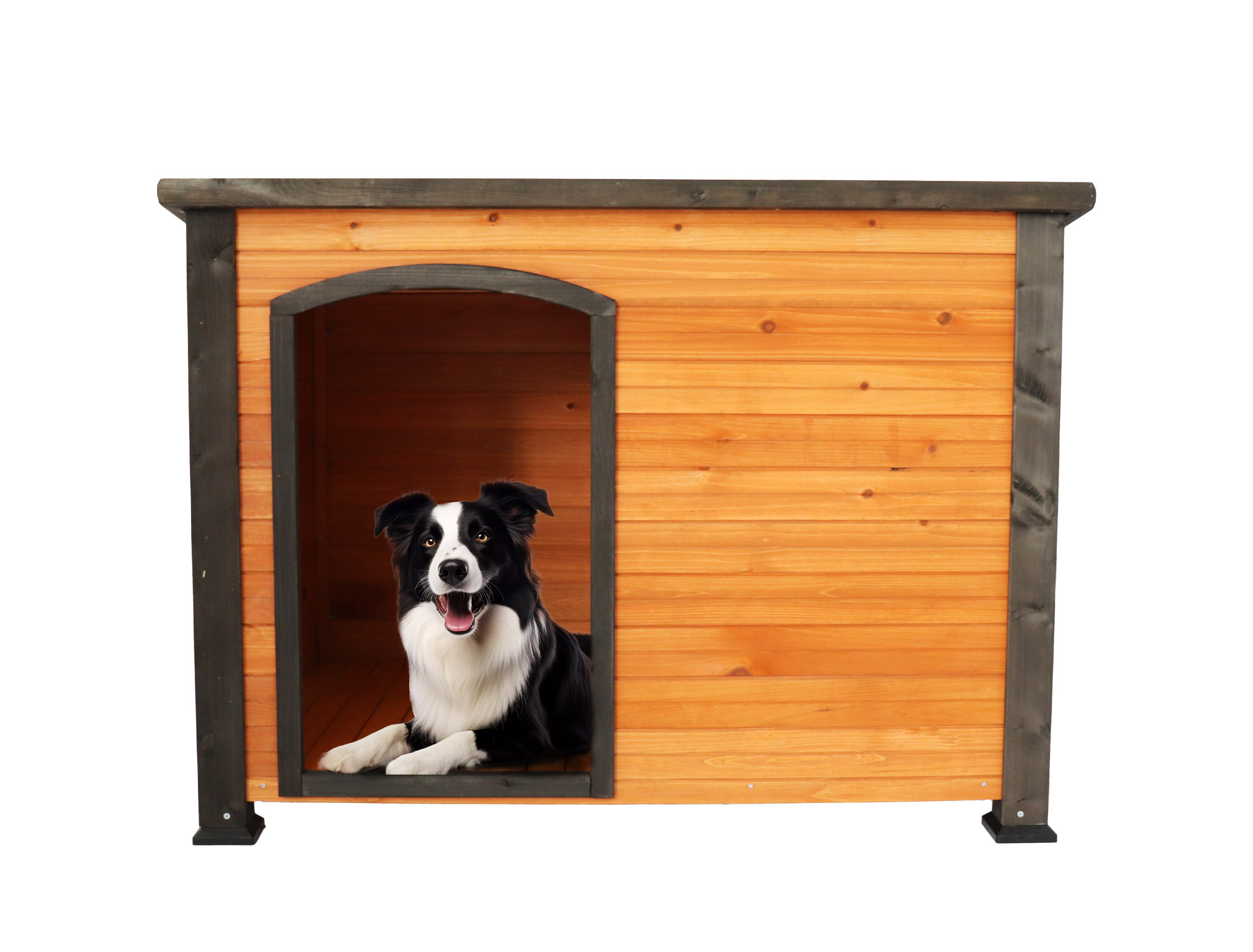 45 Dog House Outdoor And Indoor Wooden Kennel, Winter Strap With Elevated Feet, Large Dog Weatherproof  Gold Red And Black