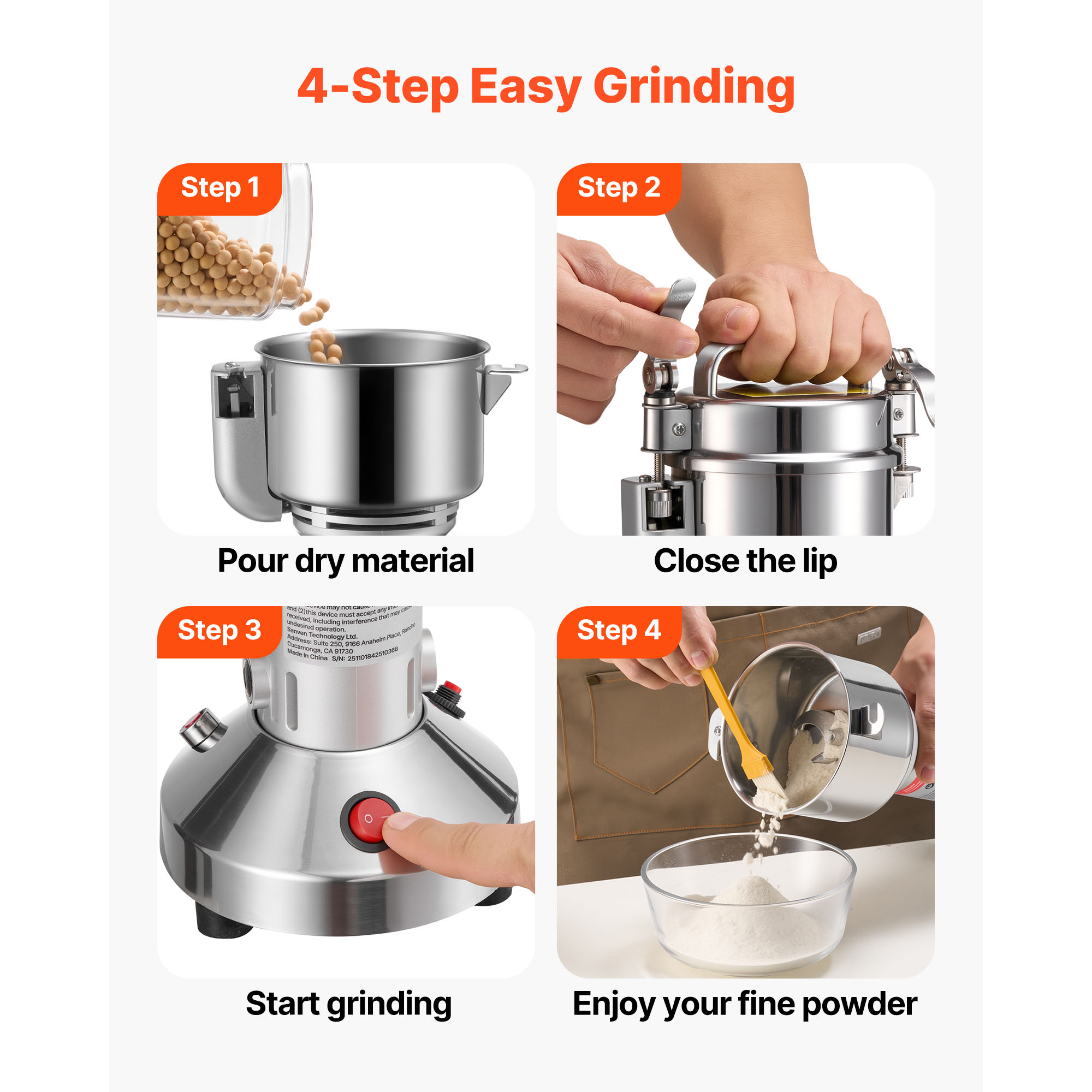 Electric Grain Mill Grinder, 0.3 Lbs Commercial Spice Grinders, High Speed 850W Stainless Steel Pulverizer Powder Machine, For Dry Grains, Spices, Cereals, Coffee, Corn & Pepper, Straight Type image 5