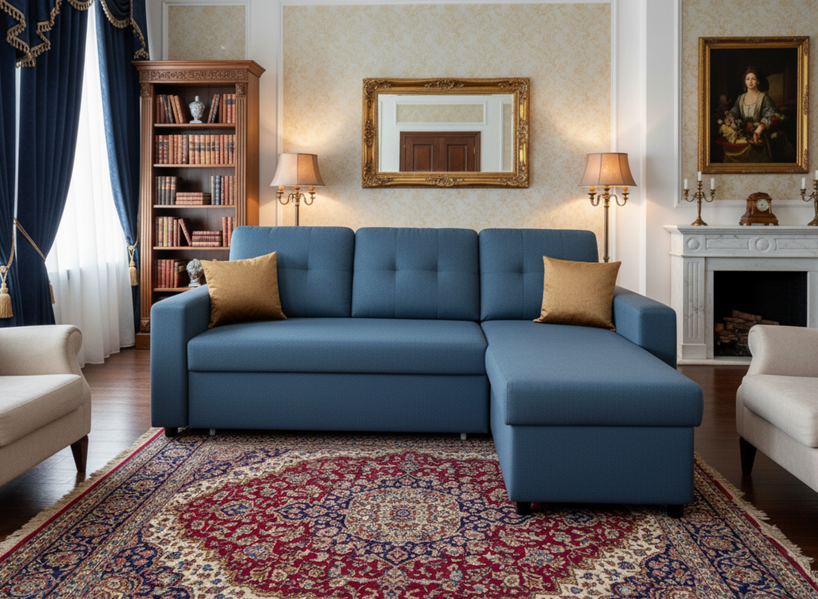 Convertible L-Shaped Sectional Sleeper Sofa Bed, Stylish Apartment Furniture, Saving Pull Out Couch For Small Spaces And Living Rooms, Blue