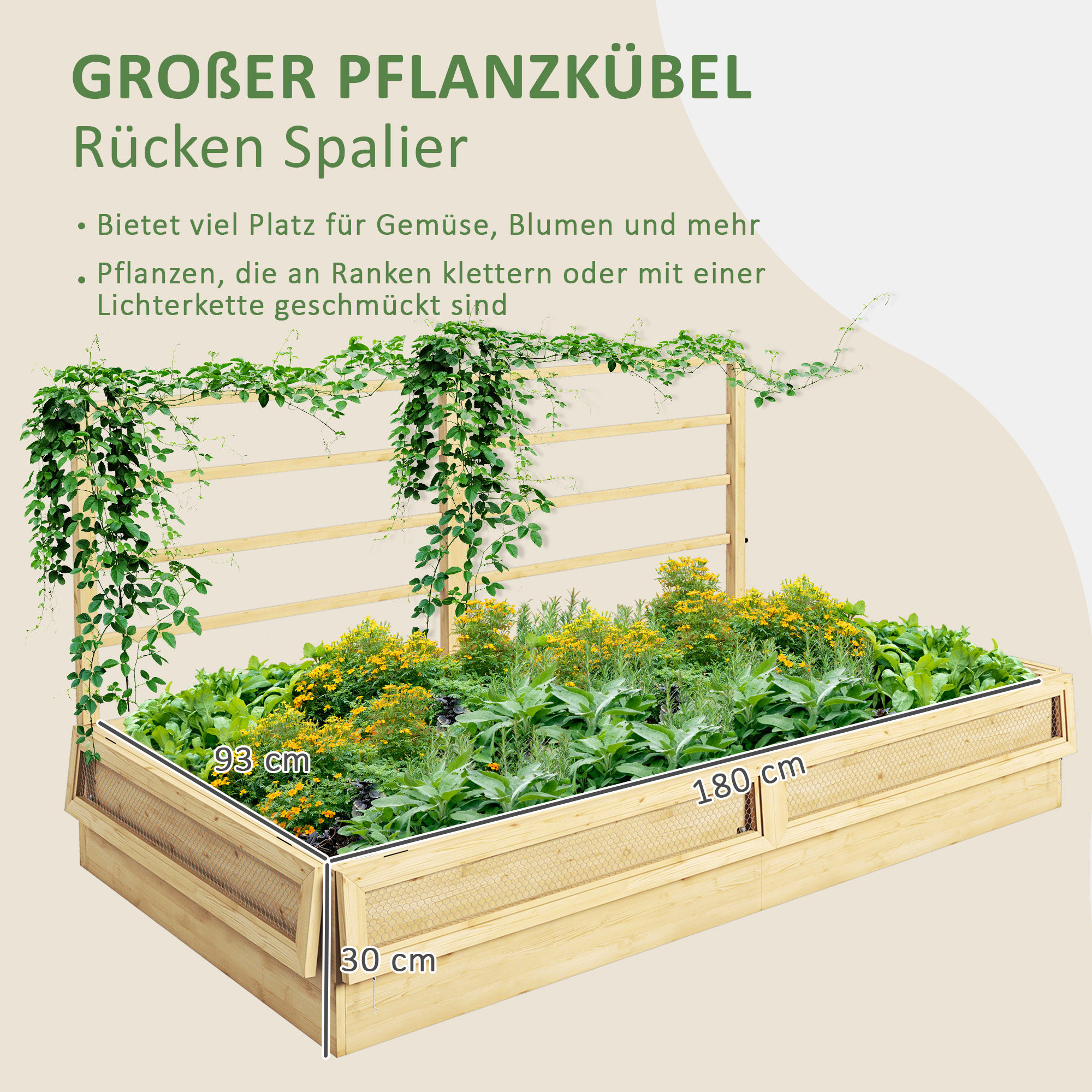 Hochbeet Pflanzkasten Kräuterbeet, Wetterbeständig, 1 Spalier, 183 X 98,5 X 95 Cm, Natur