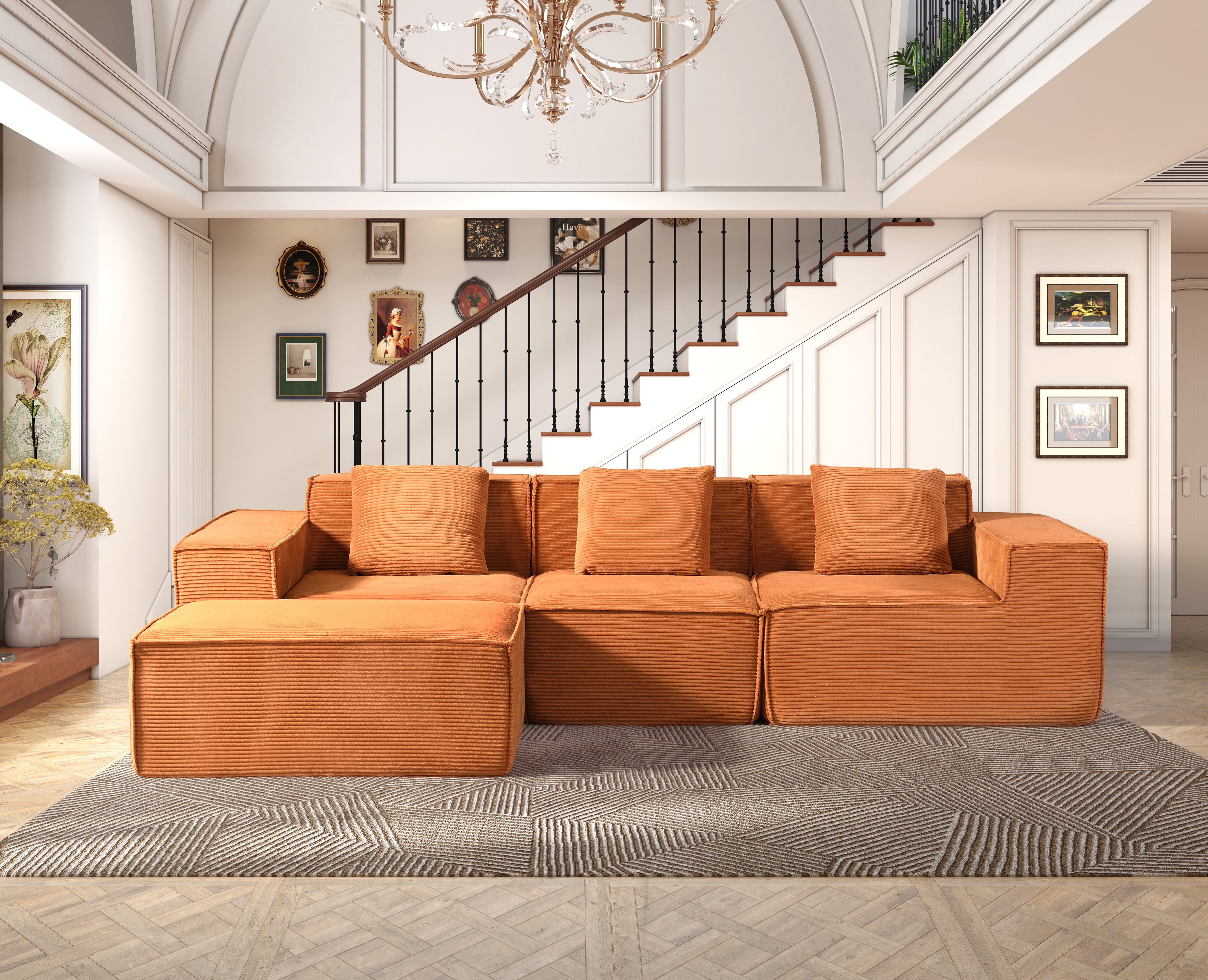 CozyForm Convertible Corduroy Sectional Couch With Ottoman & Pillows, Modular L Shaped Sleeper Sofa, Boneless Cloud Couch For Living Room Furniture, Red Orange