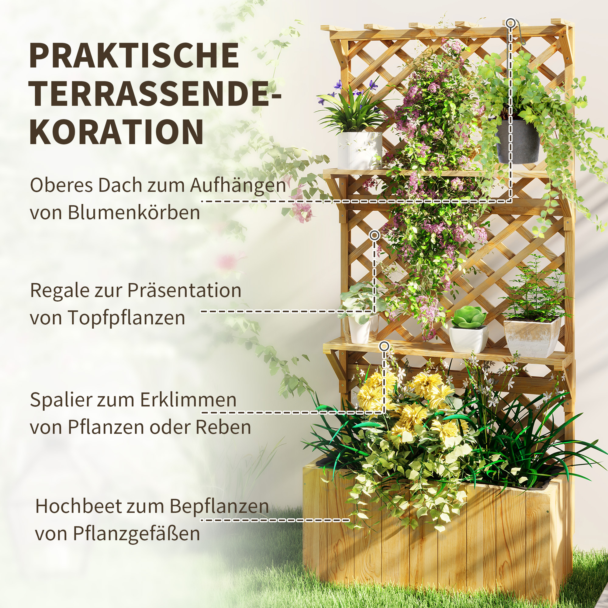 Hochbeet Mit Spalier, Blumenkasten, 2 Regale, Drainagelöcher, 76 X 33 X 177 Cm