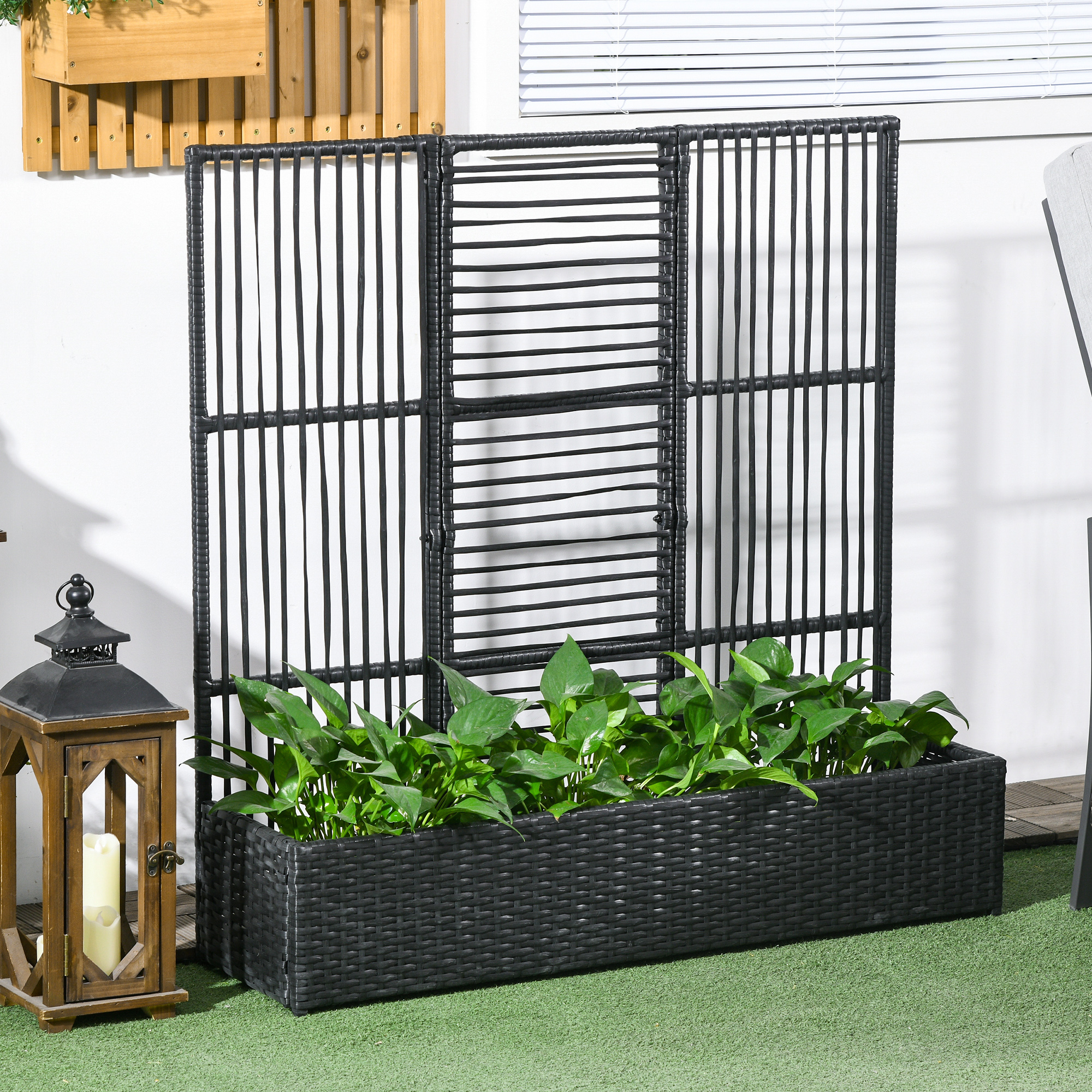 Blumenkasten Mit Spalier, Wetterfest, Polyrattan, 103 X 29 X 103 Cm, Schwarz