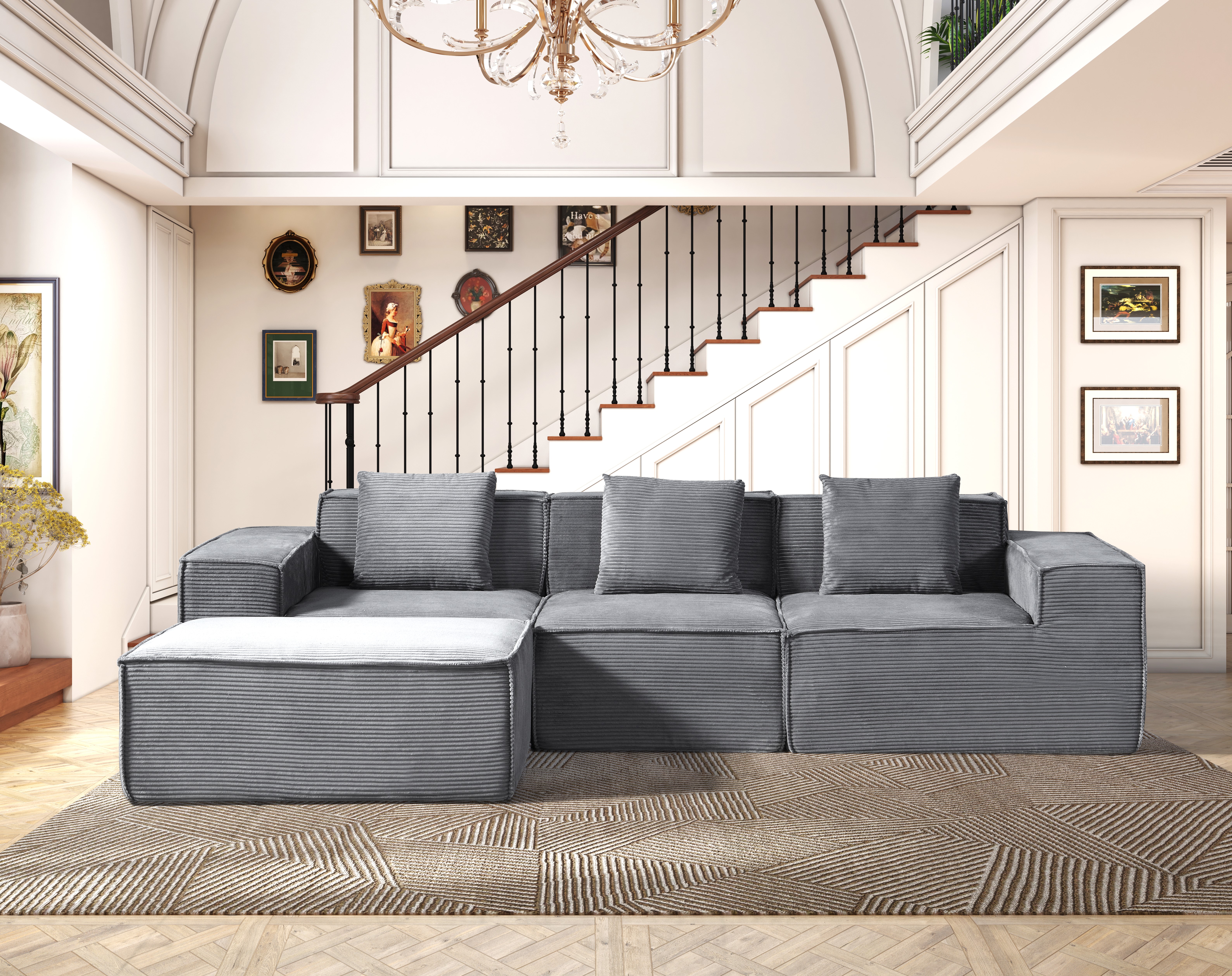 CozyForm Convertible Corduroy Sectional Couch With Ottoman & Pillows, Modular L Shaped Sleeper Sofa, Boneless Cloud Couch For Living Room Furniture, Dark Gray