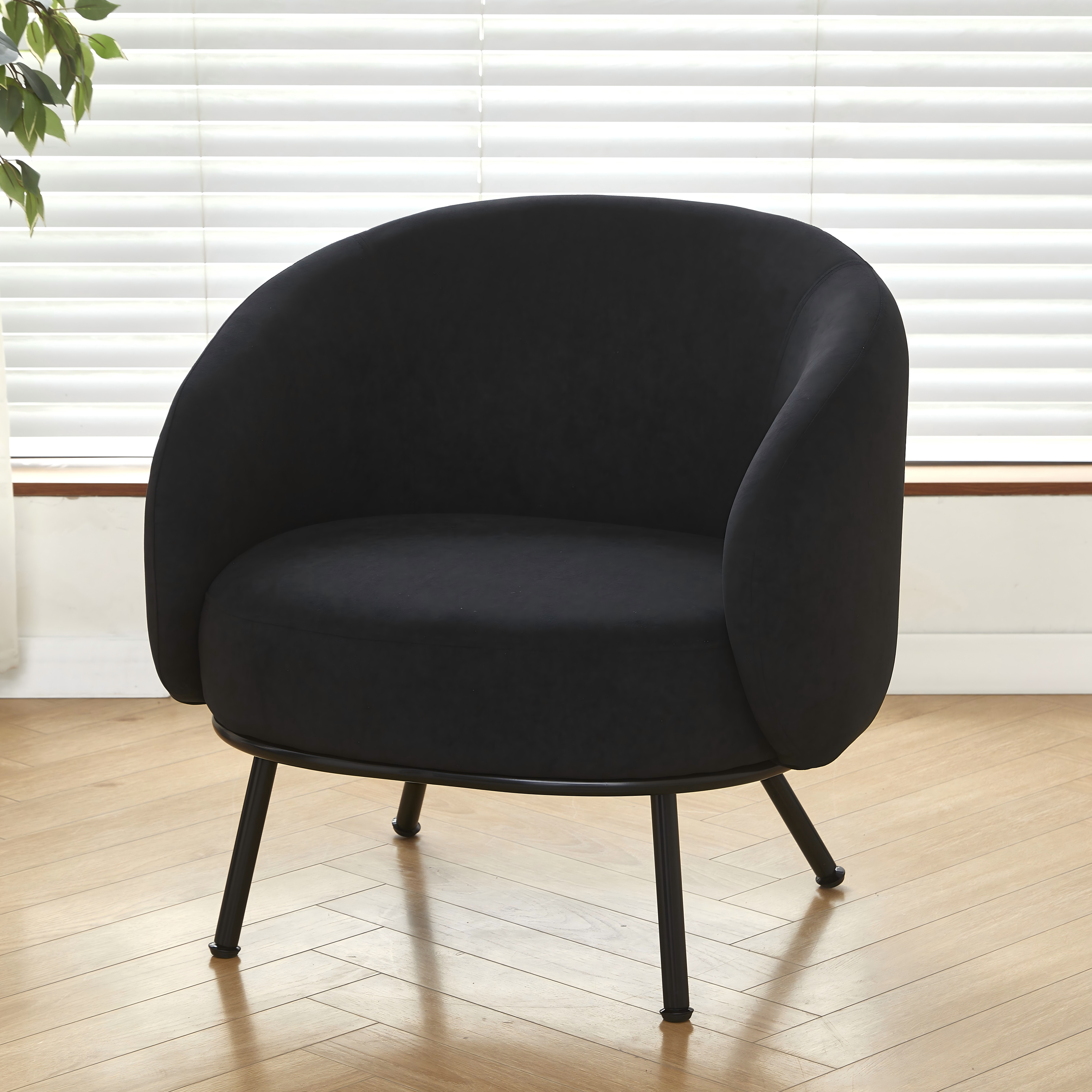 Mid-Century Modern Velvet Accent Chair, Upholstered Barrel Armchair With Metal Legs, Comfy Single Sofa Chair For Living Room Bedroom