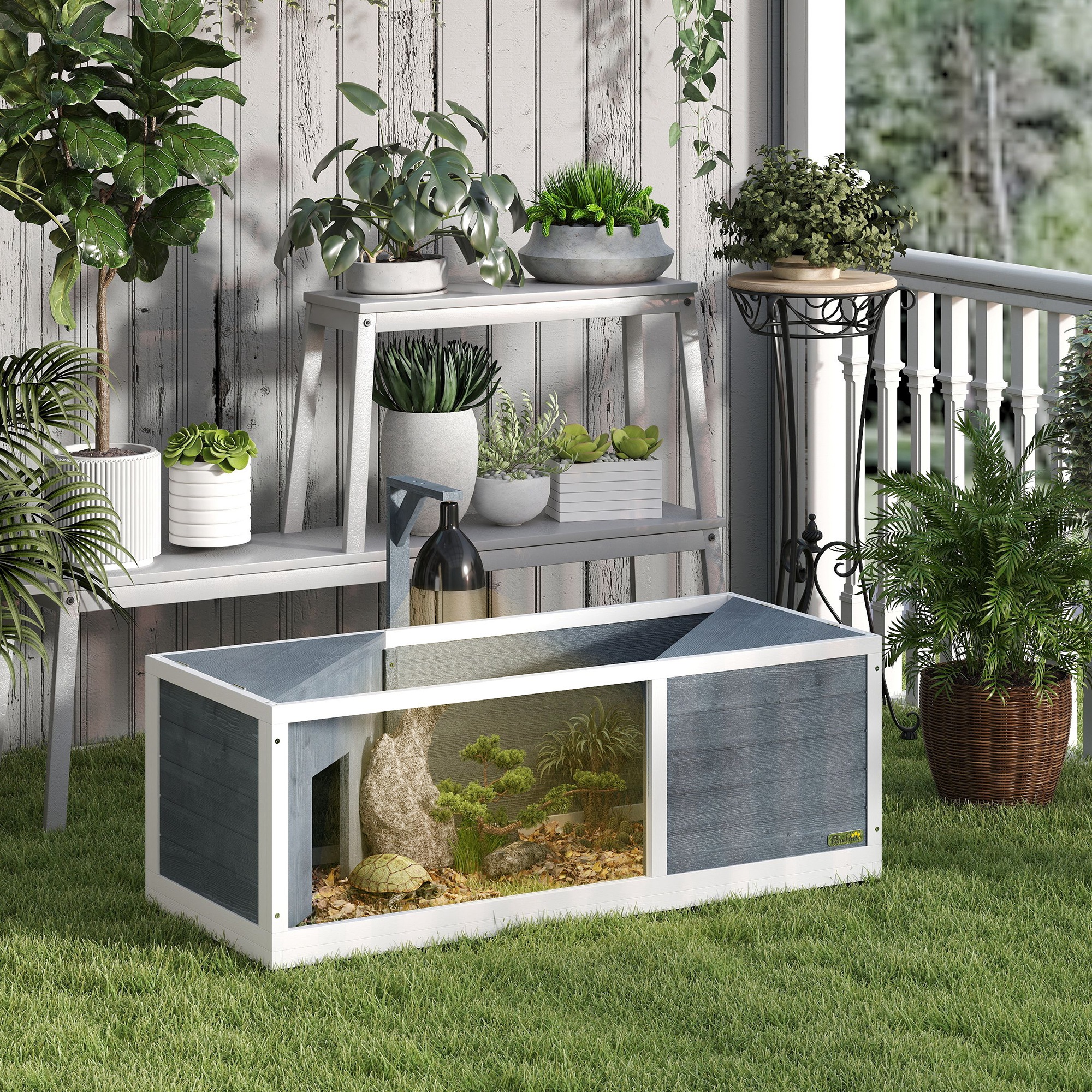 Schildkrötenhaus Mit Leicht Zu Öffnender Oberseite, Lampenvorrichtung, Transparenter Front, 120 X 50 X 40 Cm, Grau