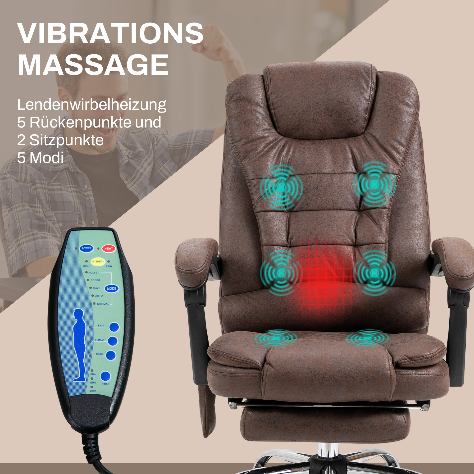 Massage-Bürostuhl, Liege- & Wärmefunktion, Drehbar, Ergonomisch, Bis 120 Kg, Braun