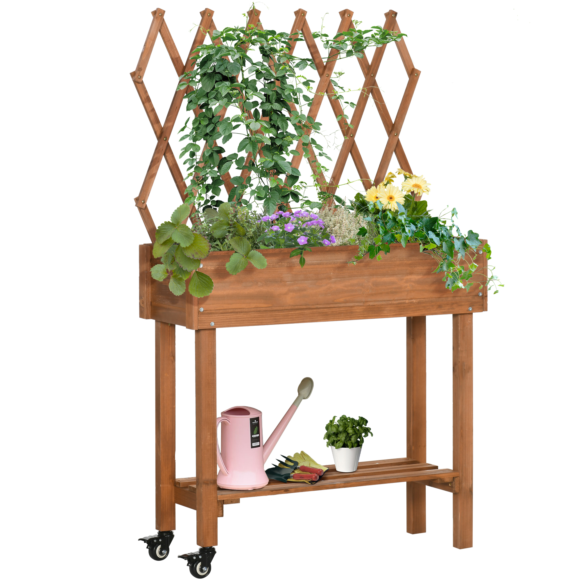 Hochbeet, Integriertes Spalier, Ablageregal, Räder, Massivholz, Braun, 79 X 29 X 130 Cm