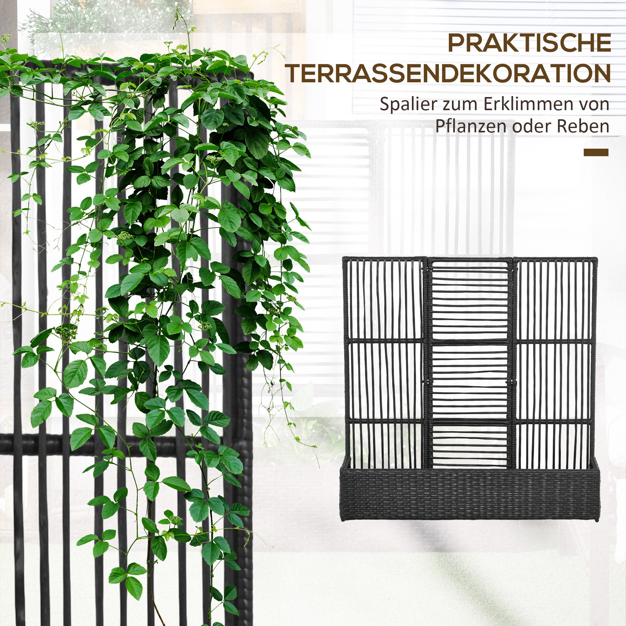 Blumenkasten Mit Spalier, Wetterfest, Polyrattan, 103 X 29 X 103 Cm, Schwarz