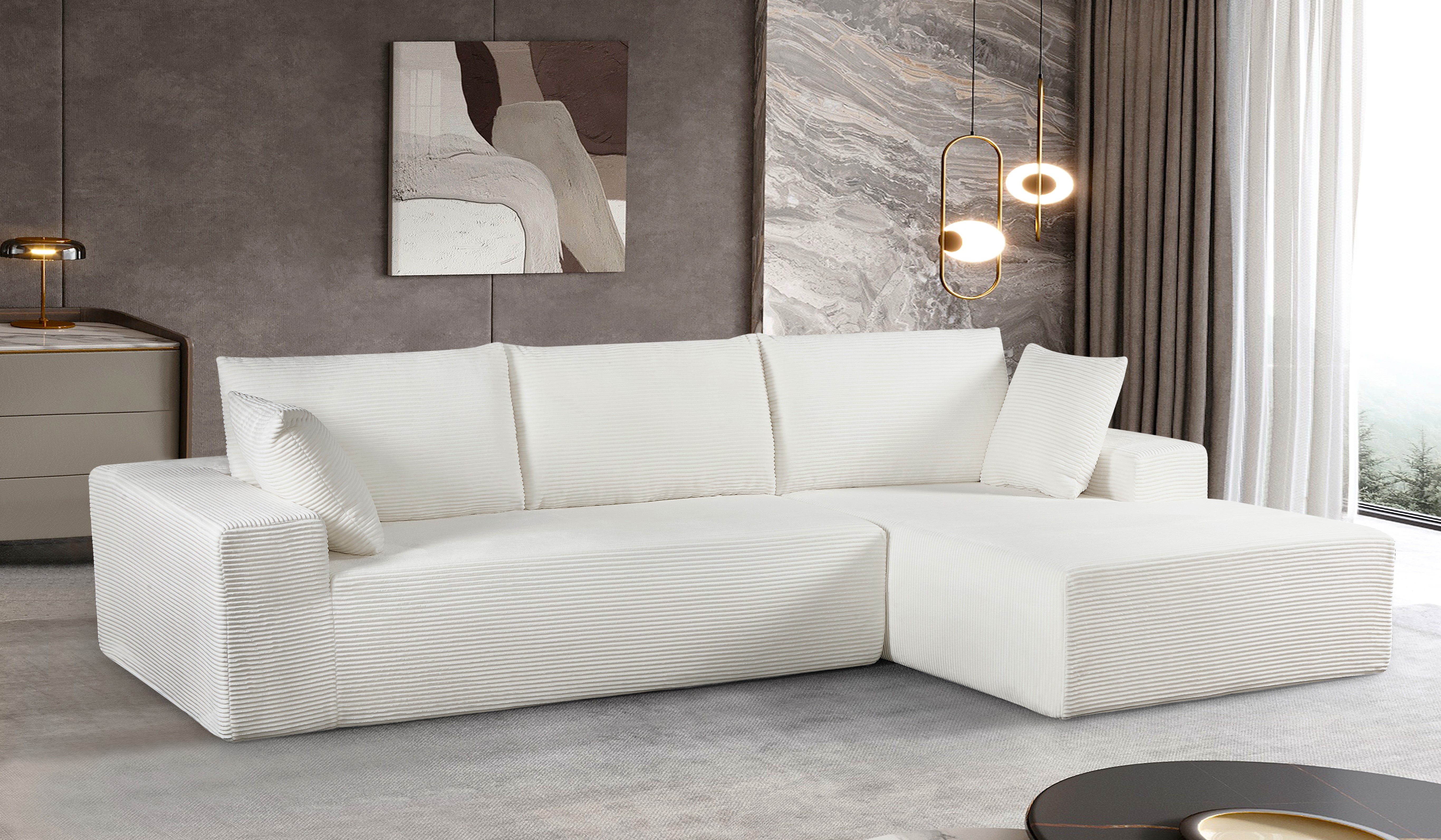CozyForm Convertible Sectional Sofa In Soft Corduroy, Modern Comfy Couch With Full Foam Cushioning, Cozy Sleeper Sectional For Living Room, Bedroom, No Assembly Required, Ivory - Right Facing