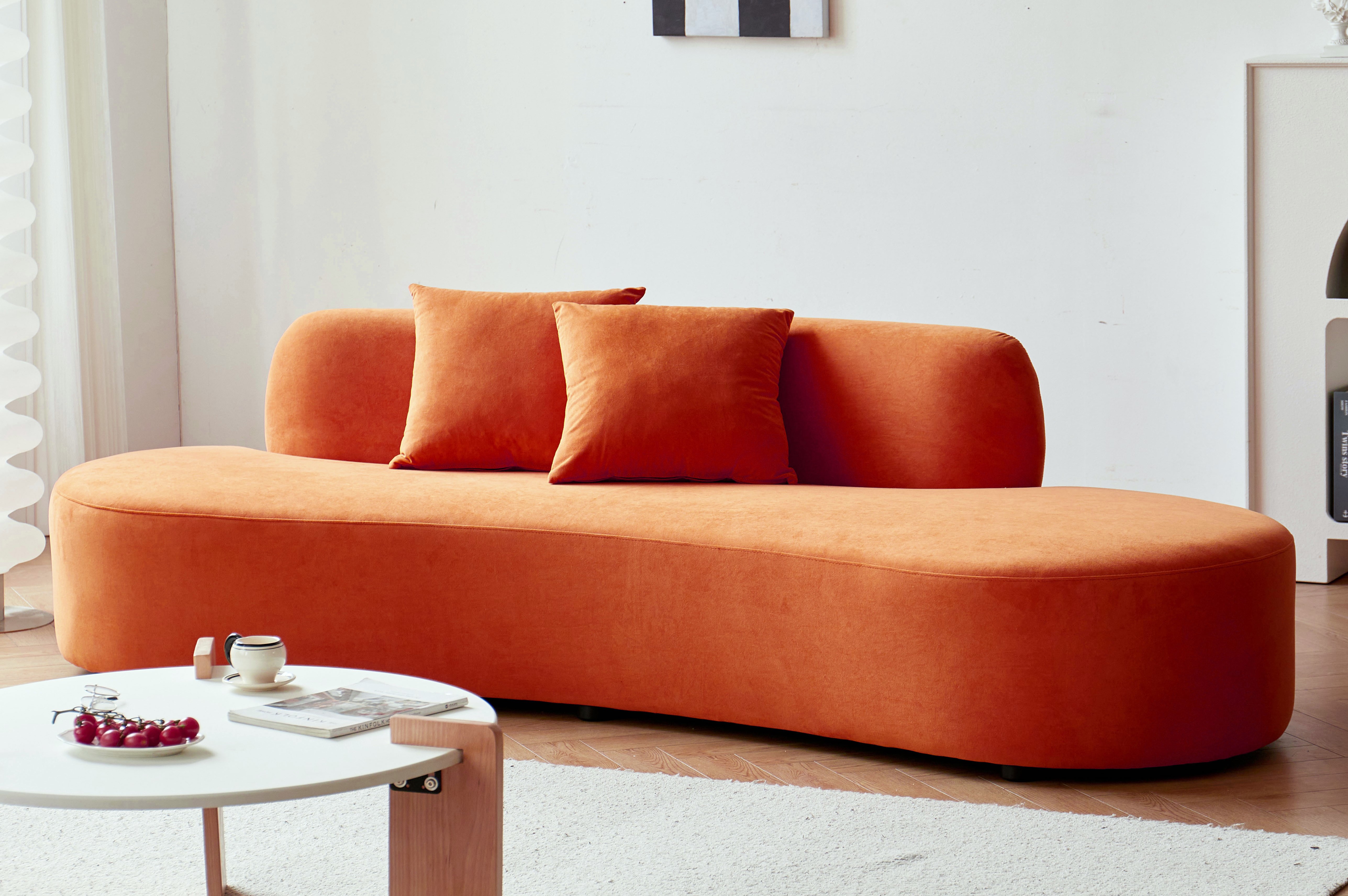 90   Curved Sofa With Throw Pillows, 4 Seater Luxury Velvet Couch With Half Moon Design And High-Density Foam, Ideal For Modern Living Room, Office & Apartment, Red Orange