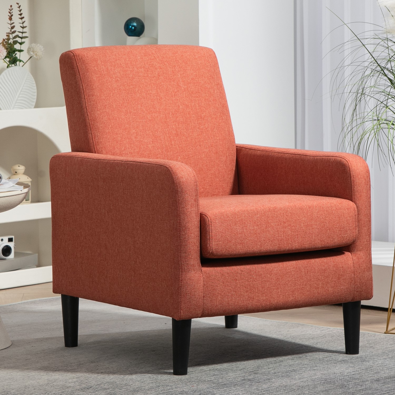 Faux Linen Upholstered Accent Chair, Modern Armchair With Solid Wood Frame, Single Sofa Chair For Living Room Bedroom