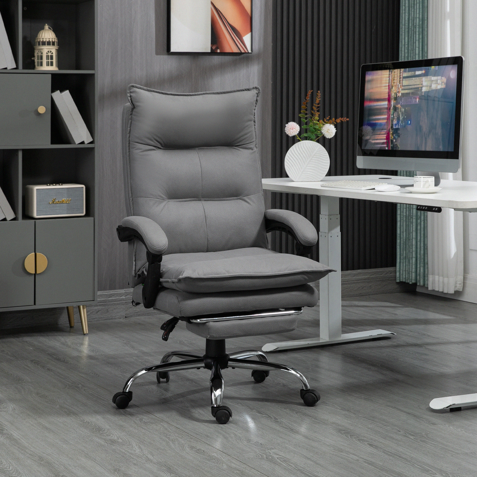 Bürostuhl Mit Massagefunktion, Heizfunktion, Fernbedienung, Ausfahrbare Fußstütze, Neigbar, Grau
