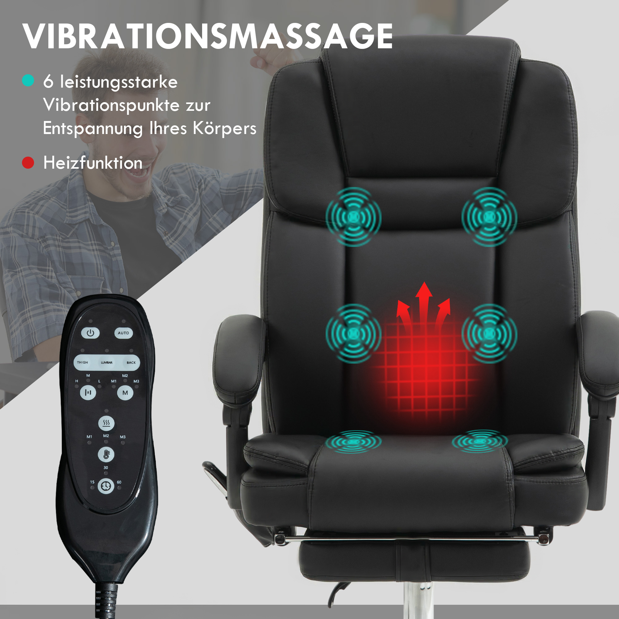 Verstellbarer Bürostuhl Mit 6 Massagepunkten, Wärmefunktion, Fußstütze, Kunstleder, Schwarz