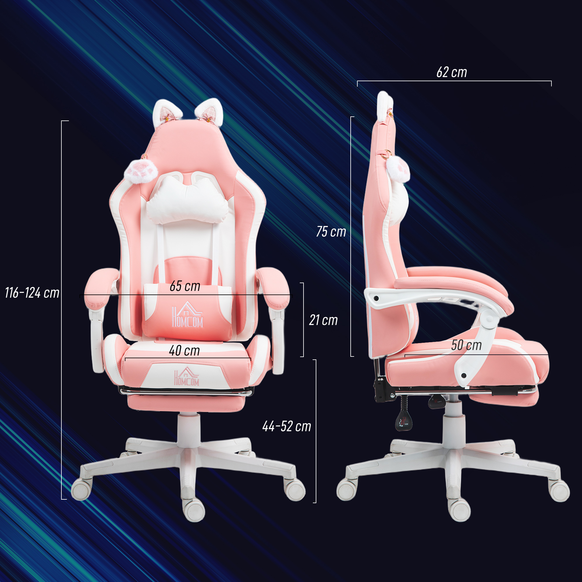 Gaming-Sessel Mit Katzenohren, Neigbare Lehne, Ausziehbare Fußstütze, Bis 120 Kg, Rosa/Weiß 4
