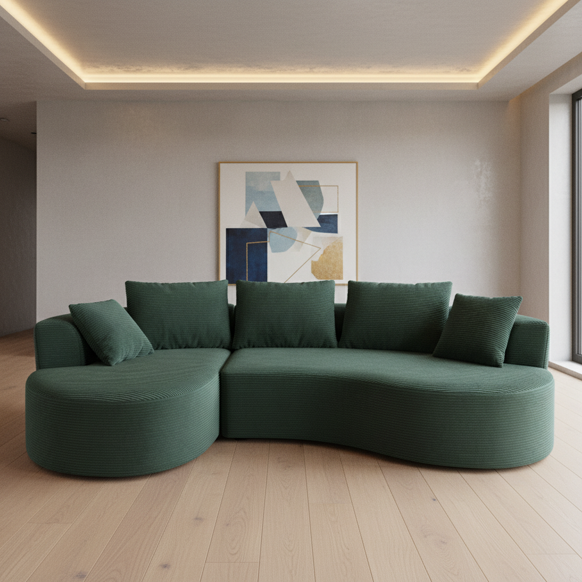 Curved Modular Sectional Couch 2 Piece Set With Pillows, Minimalist Ergonomic Living Room Furniture, Modern Seating, No Assembly, Sofa & Chaise, Dark Green