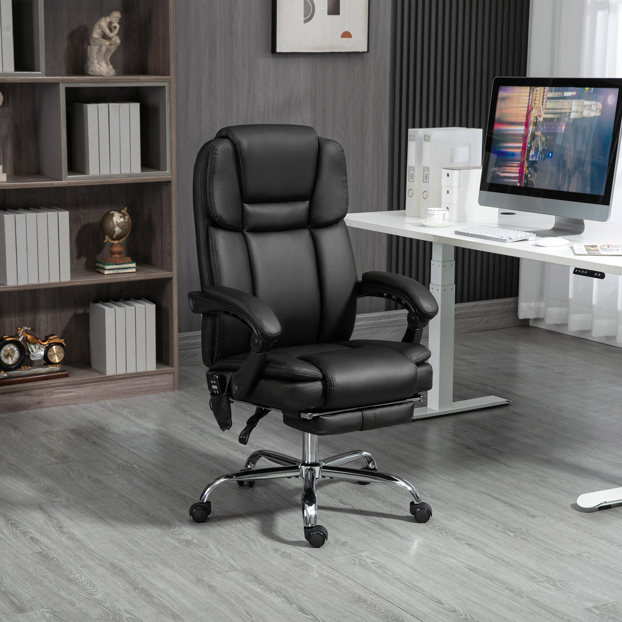 Verstellbarer Bürostuhl Mit 6 Massagepunkten, Wärmefunktion, Fußstütze, Kunstleder, Schwarz