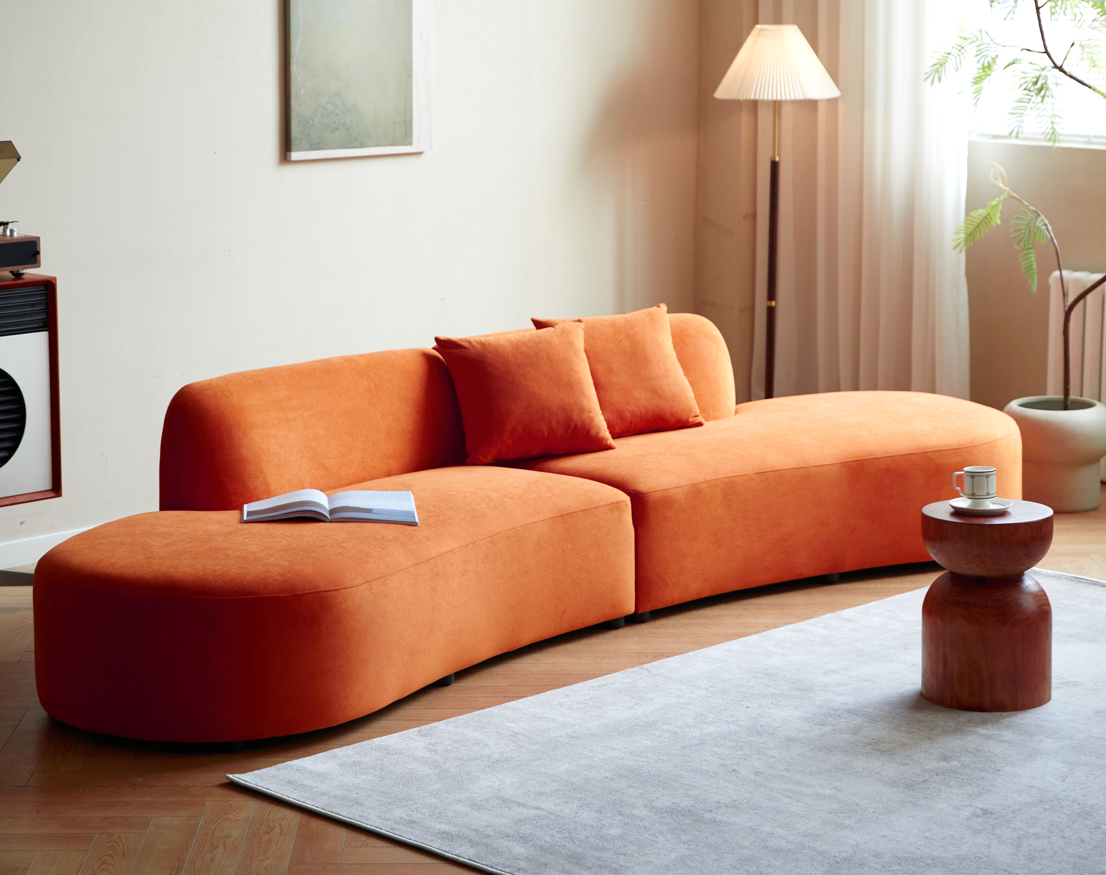132   Curved Sofa With Throw Pillows, 6 Seater Luxury Velvet Couch With Half Moon Design And High-Density Foam, Ideal For Modern Living Room, Office & Apartment, Red Orange
