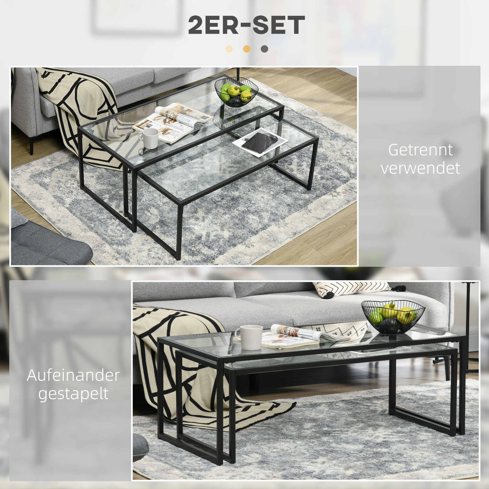 2er-Set Couchtische, Glastische, Mit Pulverbeschichtetem Stahl, Schwarz + Transparent