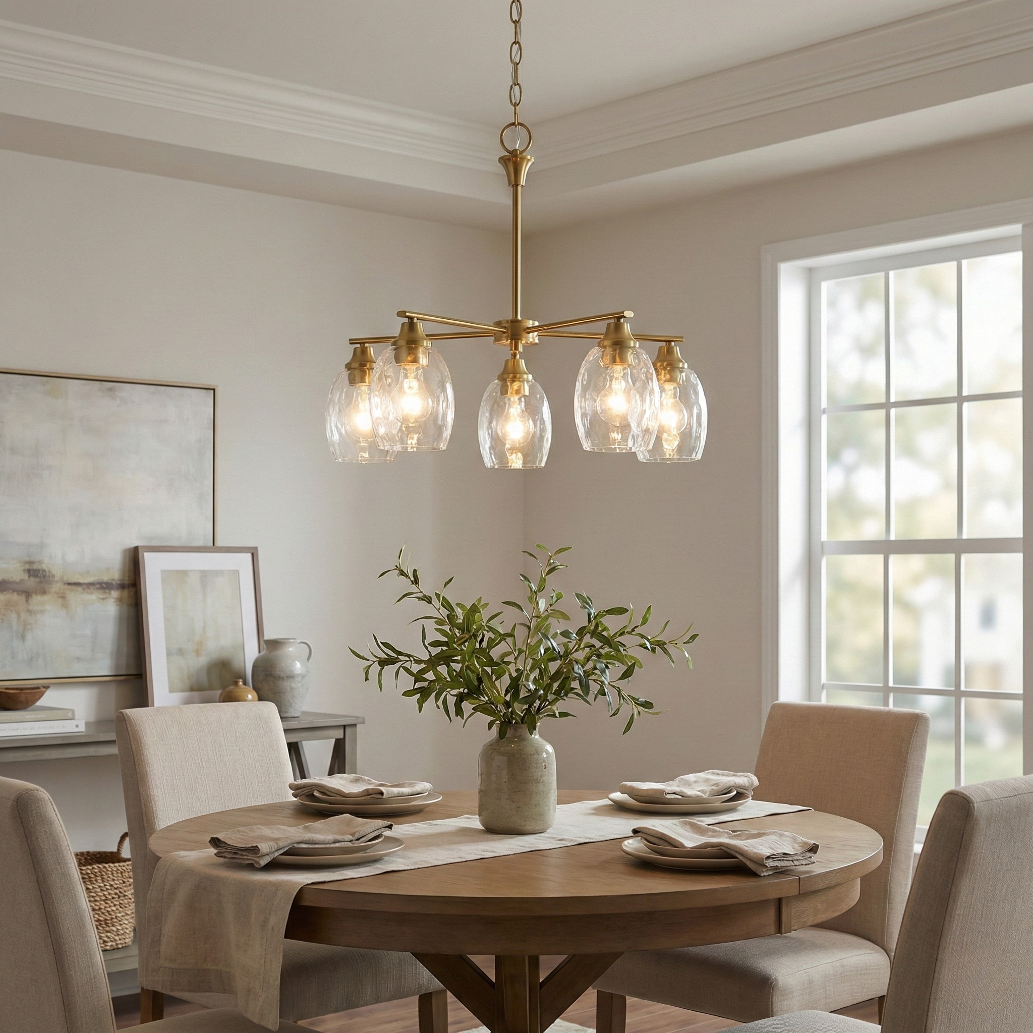 Elegance Five Lights Linear Arms With Golden Brass Finish Chain Chandelier 24  W   8.5  H With Clear Water Glass