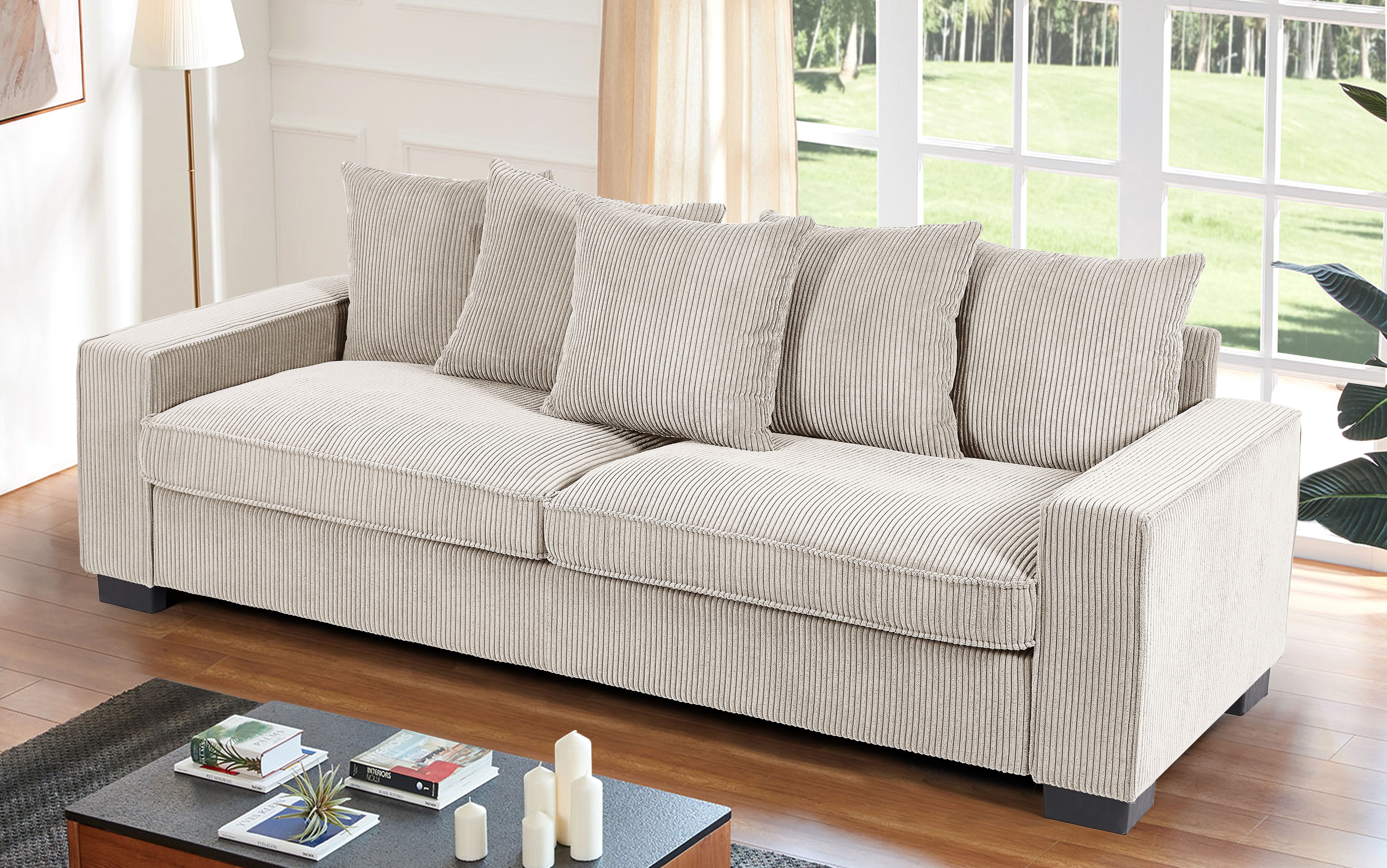 Luxe Corduroy Sofa With 5 Matching Toss Pillows, Sleek Design, Spacious And Comfortable 3 Seater Couch For Modern Living Room, Large, Ivory