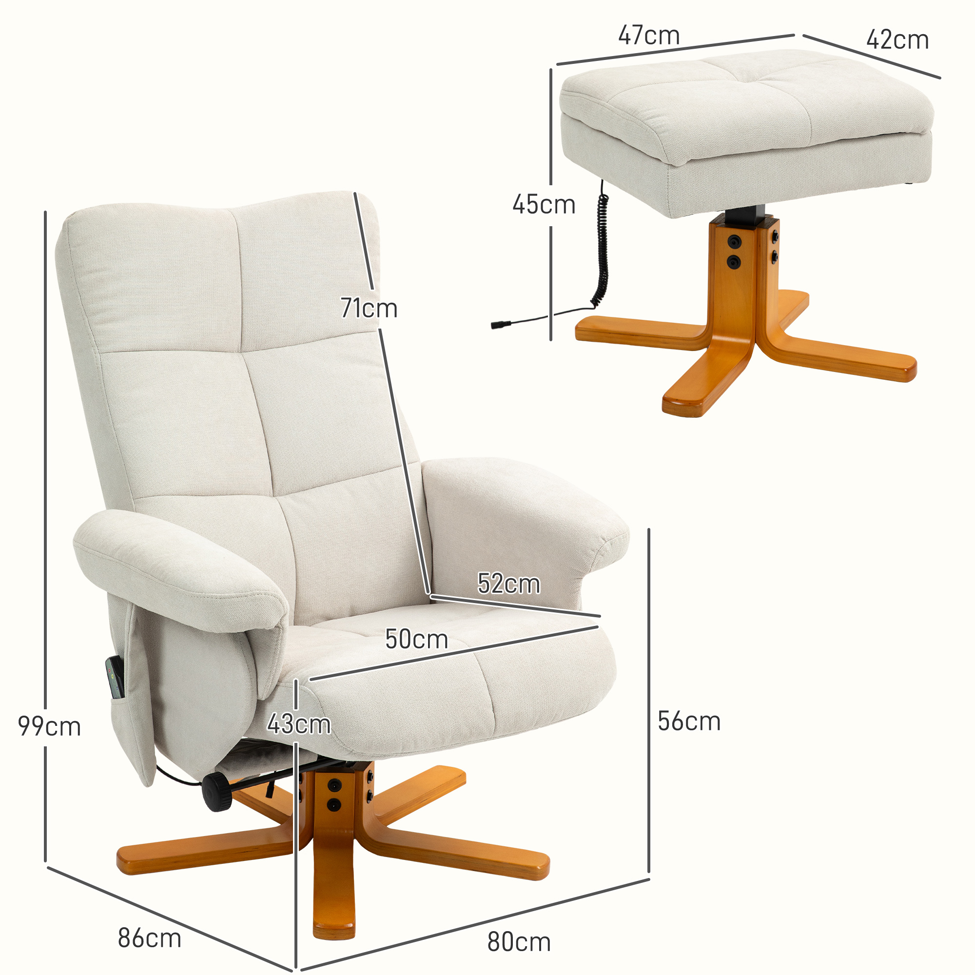 Massagesessel Mit Liegefunktion Und Fußhocker, 145°-Neigung, Polyester, 80 X 86 X 99 Cm, Cremeweiß