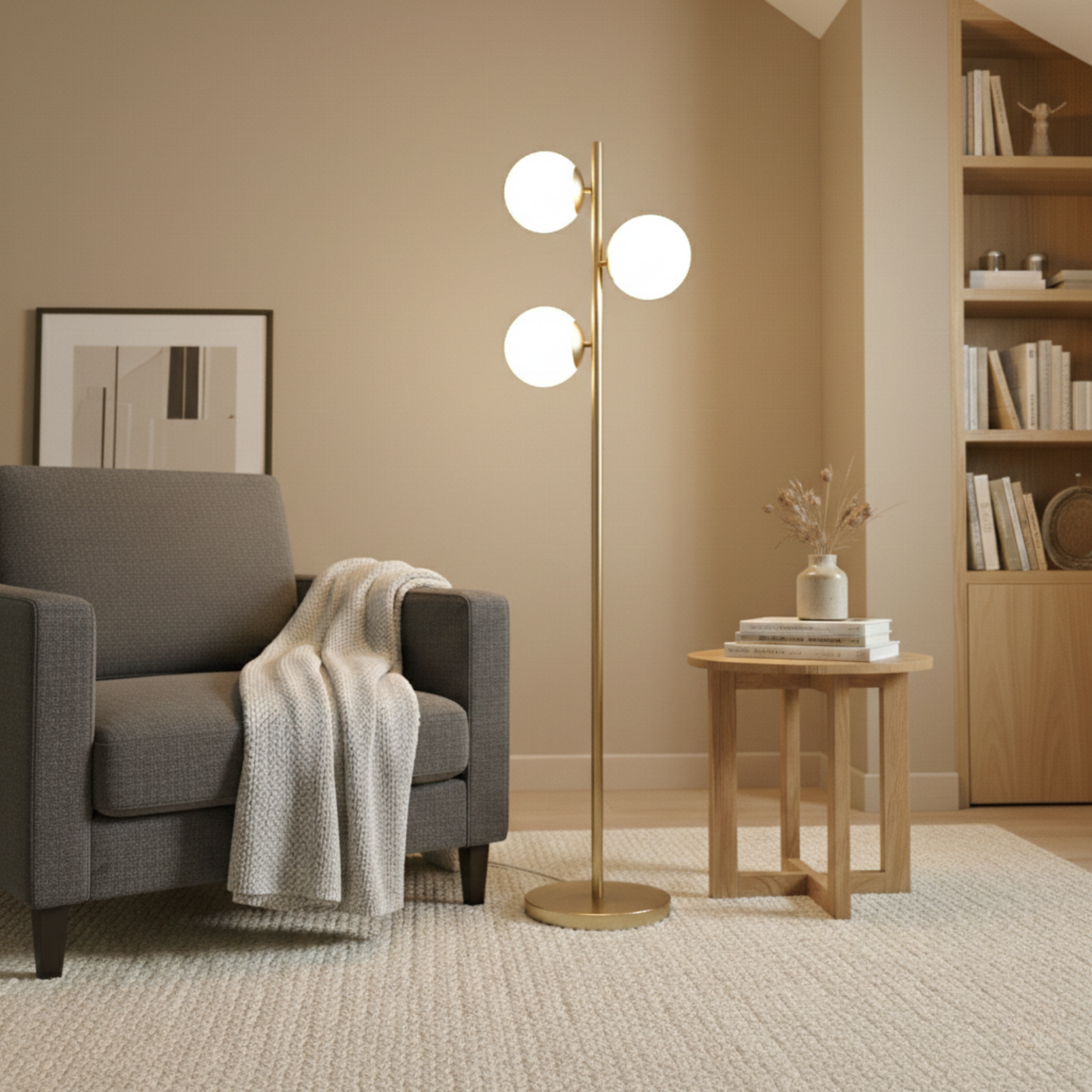 Brilliance Modern Gold Brush Floor Lamp, Opal Glass Shades And Round Metal Base