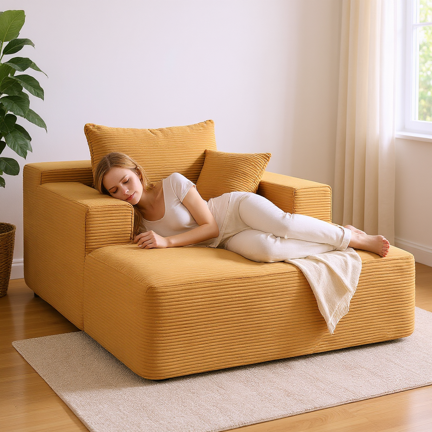 Convertible Chaise Lounge Chair Indoor  Oversized Corduroy Couch With Wide Armrest & Throw Pillows, Cozy Boneless Sleeper Sofa Bed Armchair,  No Assembly Required, Ginger Yellow
