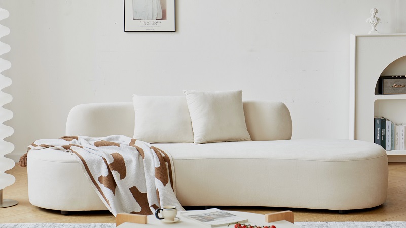 90   Curved Sofa With Throw Pillows, 4 Seater Luxury Velvet Couch With Half Moon Design And High-Density Foam, Ideal For Modern Living Room, Office & Apartment, Ivory