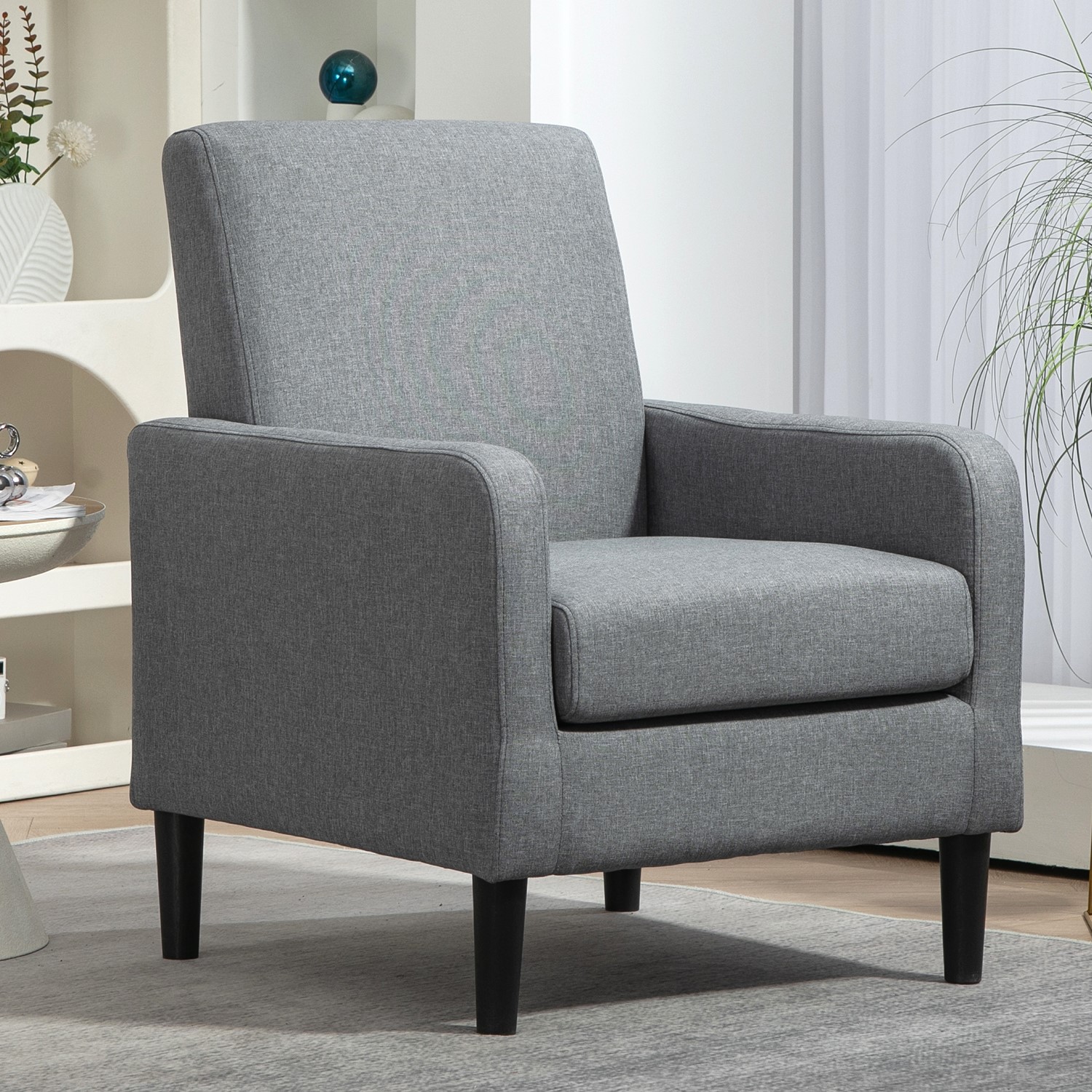 Faux Linen Upholstered Accent Chair, Modern Armchair With Solid Wood Frame, Single Sofa Chair For Living Room Bedroom