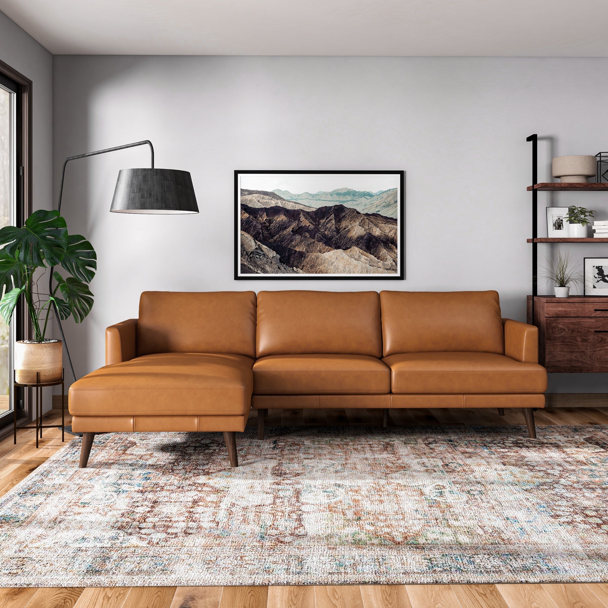 Lore L-Shaped Genuine Leather Sectional In Tan Left Facing