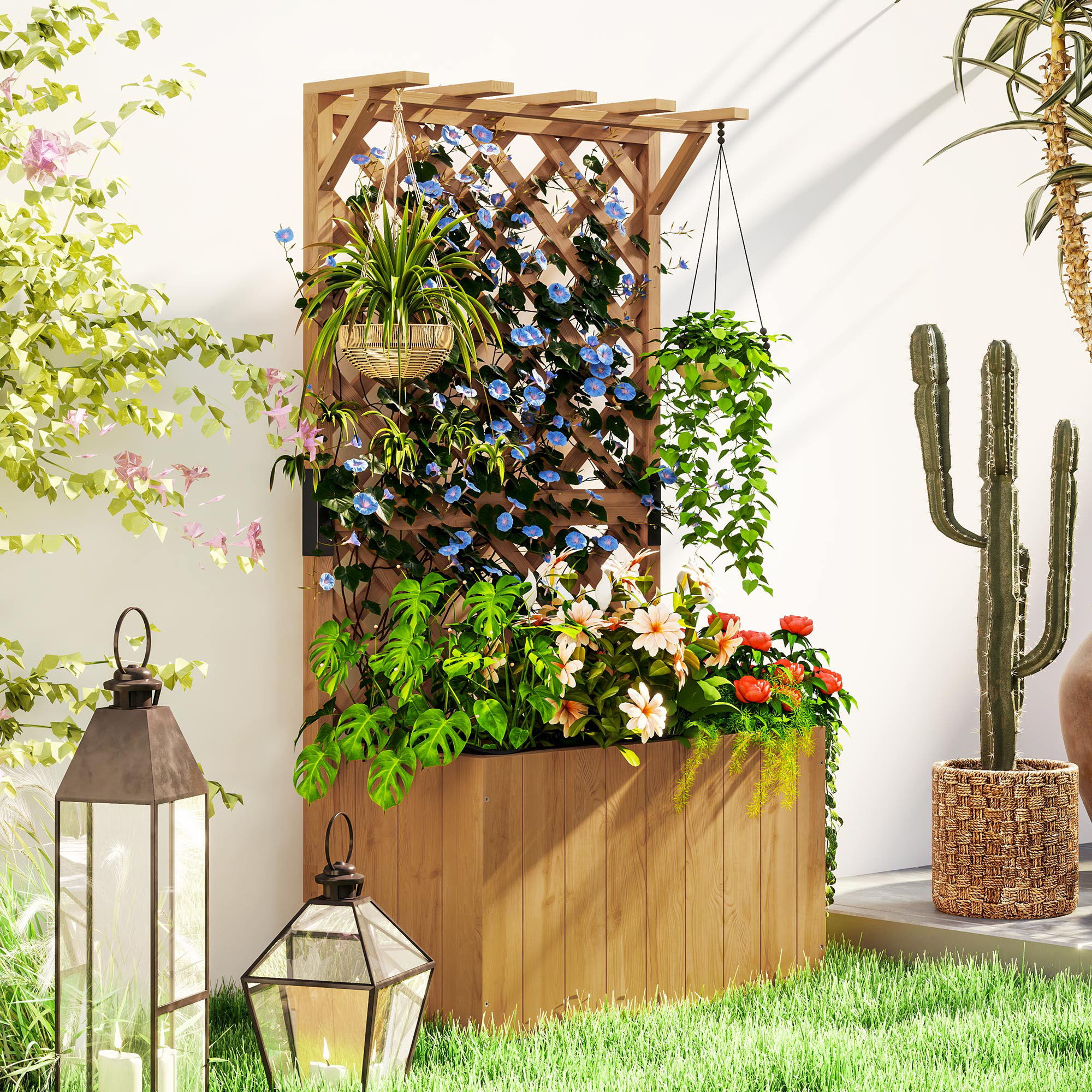 Hochbeet Pflanzkasten Mit Rankgitter, Spalier Pflanzkübel Blumenkasten Holz, Gartenspalier 64 X 33 X 122cm Naturholz