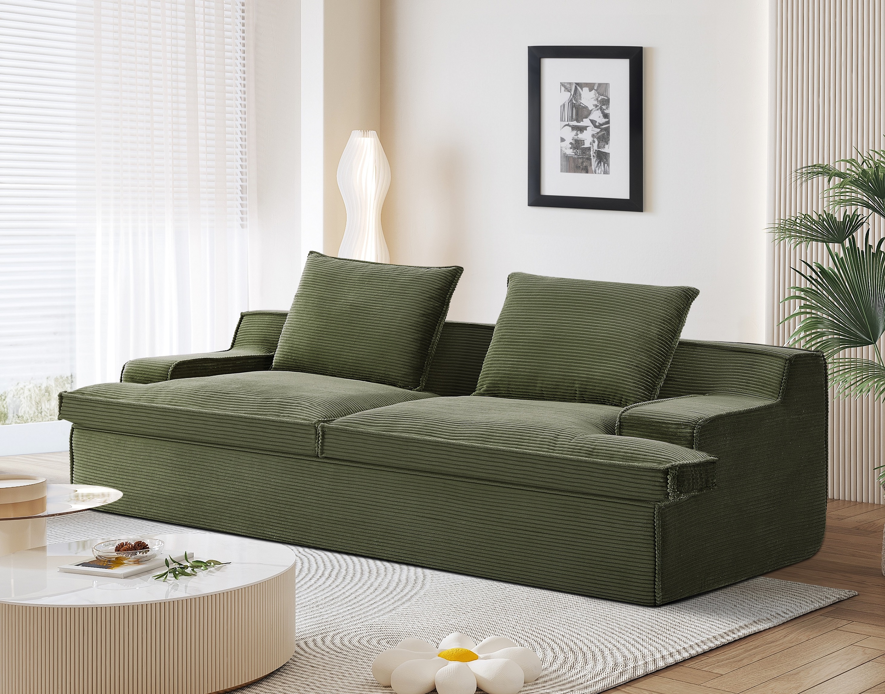 Nimbus Oversized Full Foam 4 Seater Couch For Living Room Upholstered In Soft Corduroy Fabric, Wide Armrests, Ergonomic Compressed Sofa In A Box, No Assembly, 90 Inch Wide, Green
