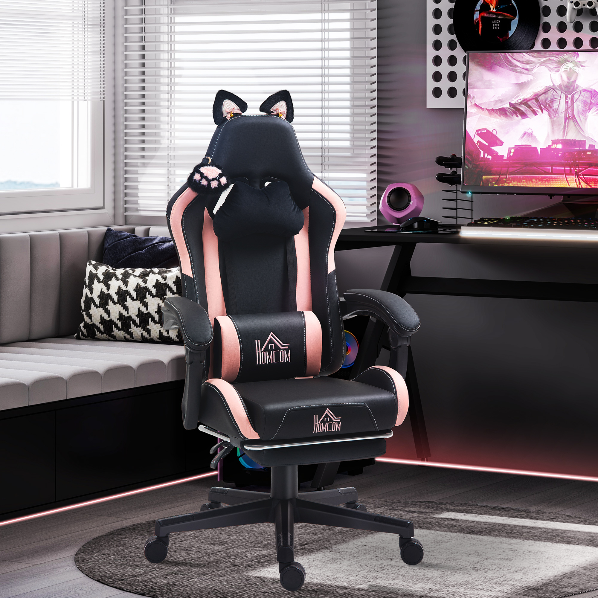 Gaming-Sessel Mit Katzenohren, Neigbare Lehne, Ausziehbare Fußstütze, Bis 120 Kg, Rosa/Schwarz 3