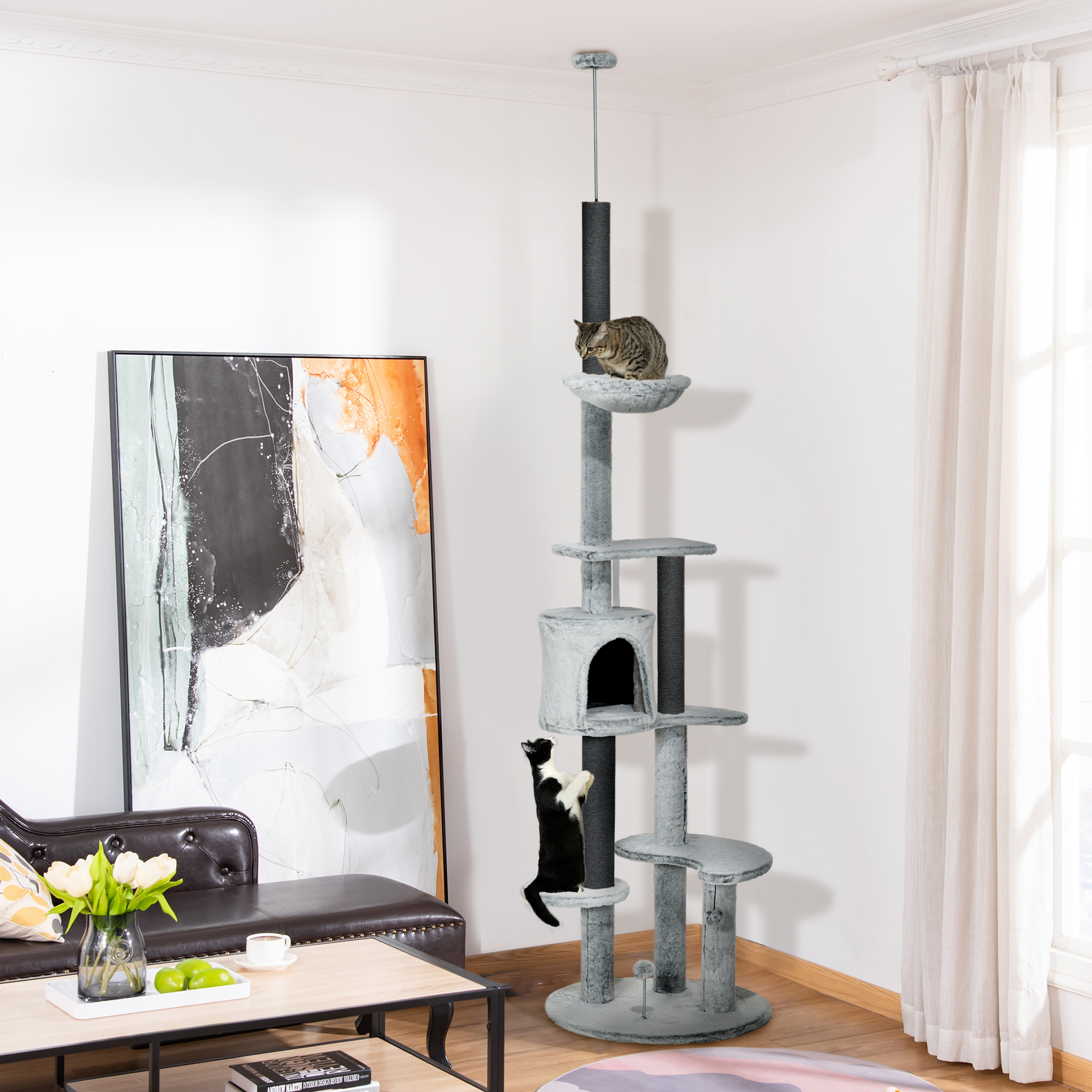 Kratzbaum Mit Deckenspanner, Hängematte, Haus, Plattformen, Spielball, 225-255cm, Grau