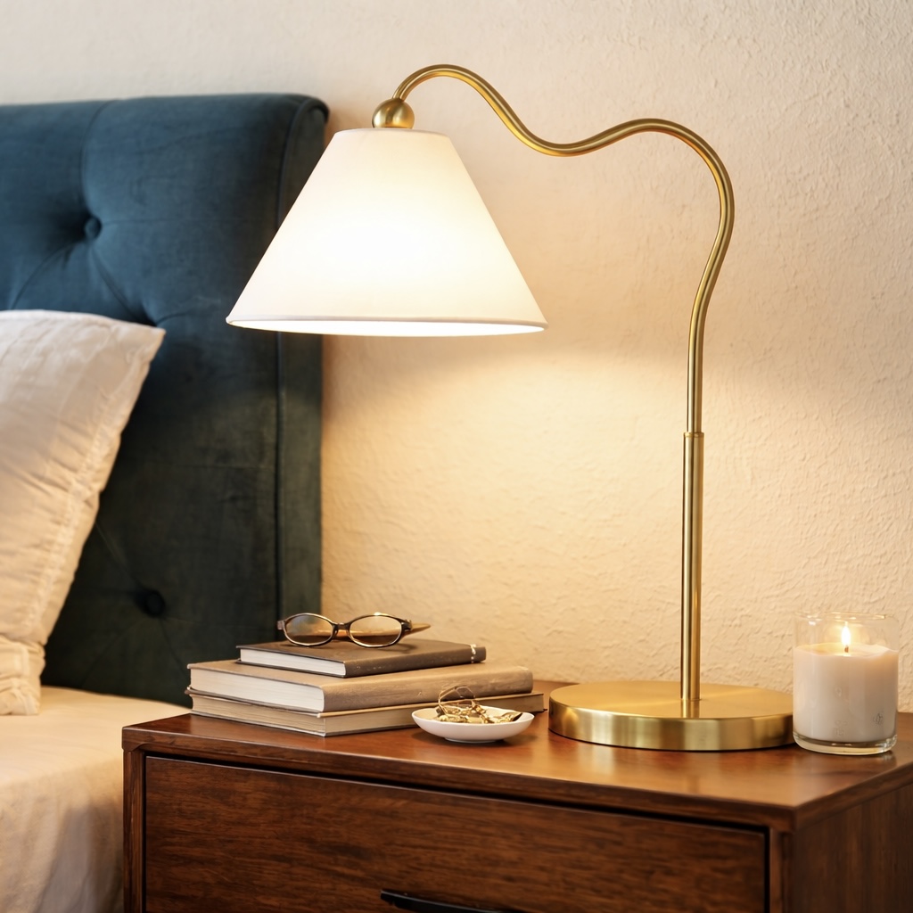 Ornate Brass Ring Base Curved Table Lamp With Triangle White Drum Shade, Gold, Metal, 18.25 X 9.50 X 22.00 Inches