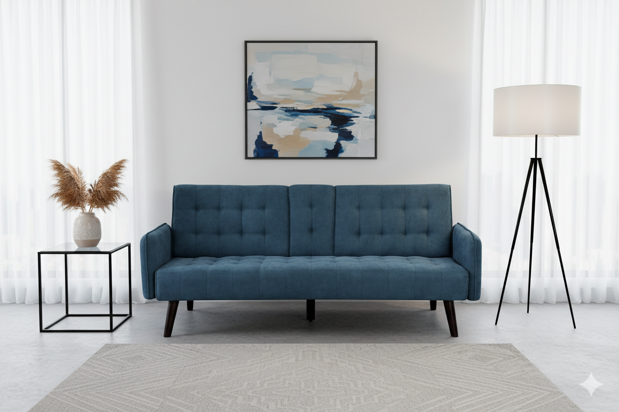 72   Sleeper Sofa Bed - Convertible Folding Backrest To Full Bed With Cup Holder & Drop-Down Table - Space Saving Linen Sofa For Small Spaces - Easy Assembly, Blue