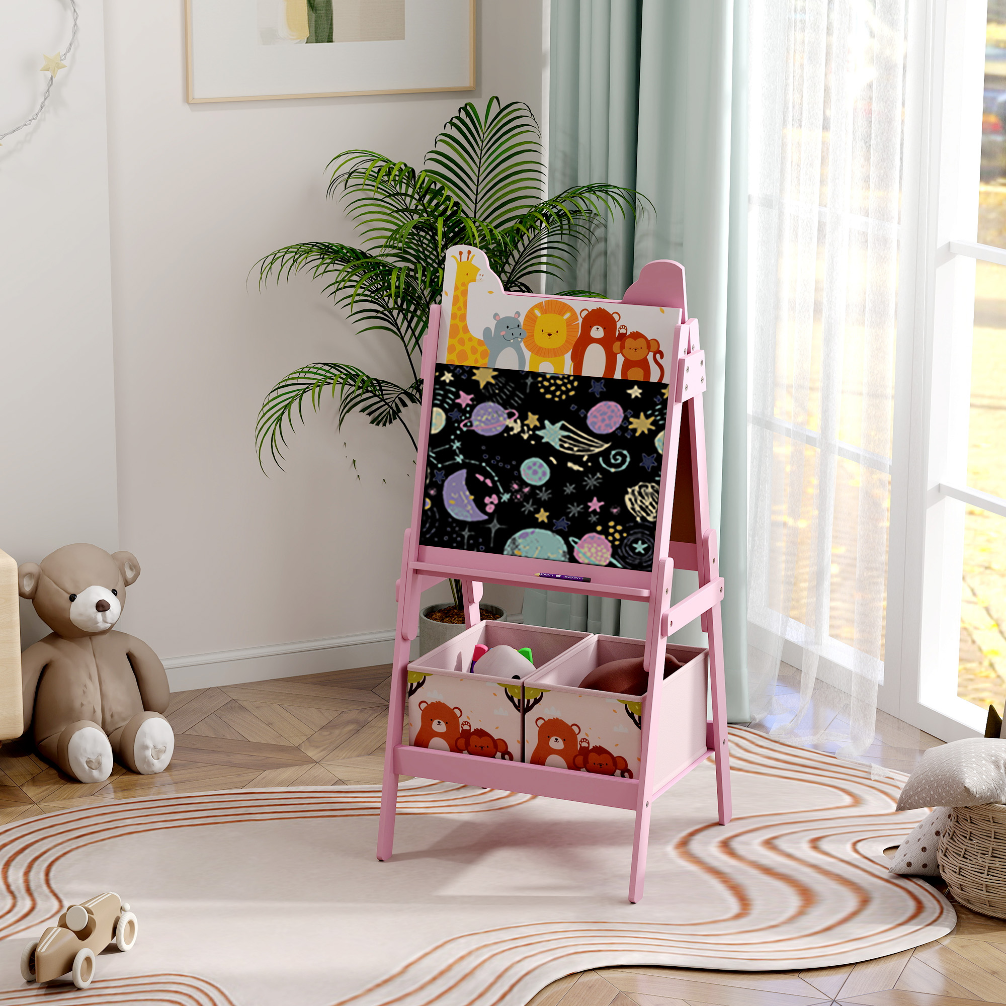 2-in-1 Kindermalstaffelei Mit Whiteboard, Kreidetafel, Aufbewahrungsboxen, Für Kinder Im Alter Von 3-8 Jahren, Rosa 2