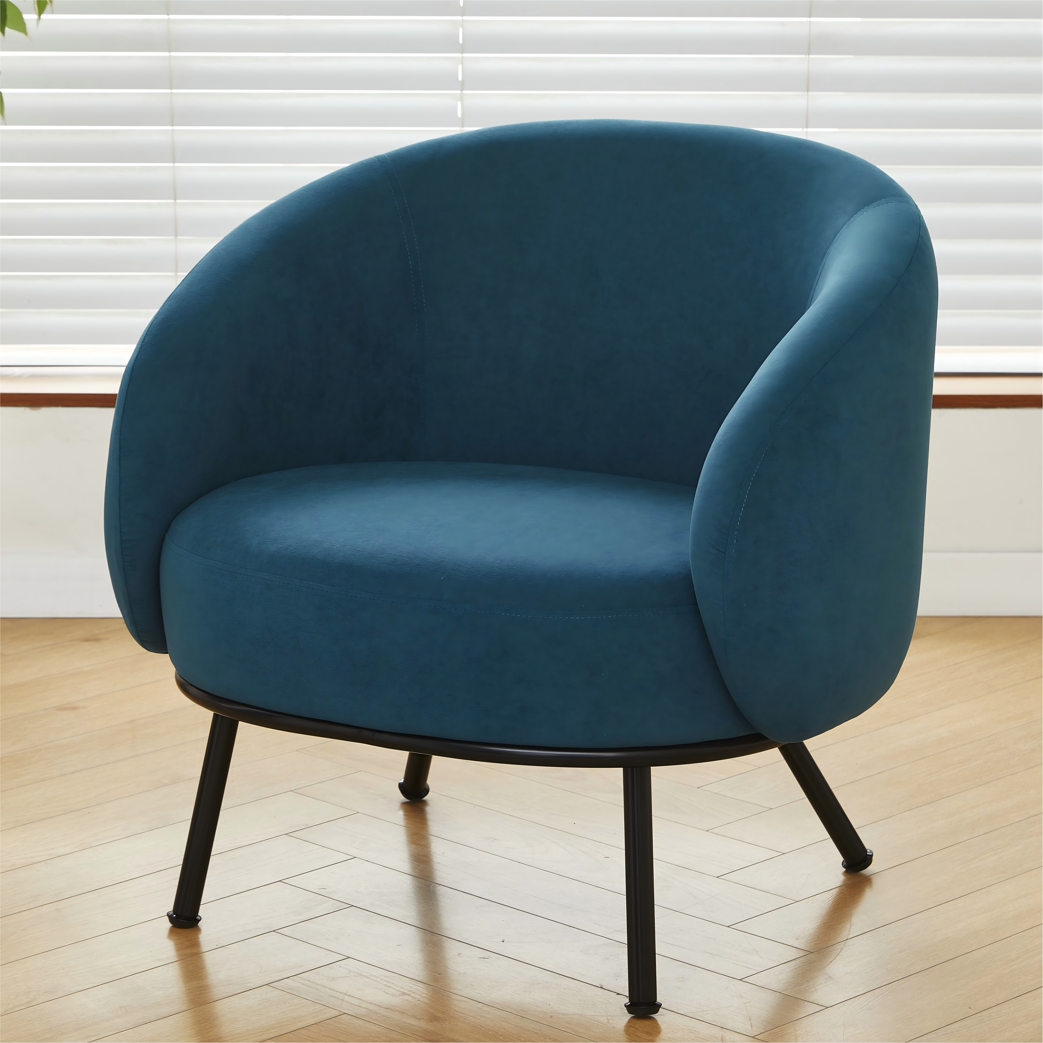 Mid-Century Modern Velvet Accent Chair, Upholstered Barrel Armchair With Metal Legs, Comfy Single Sofa Chair For Living Room Bedroom