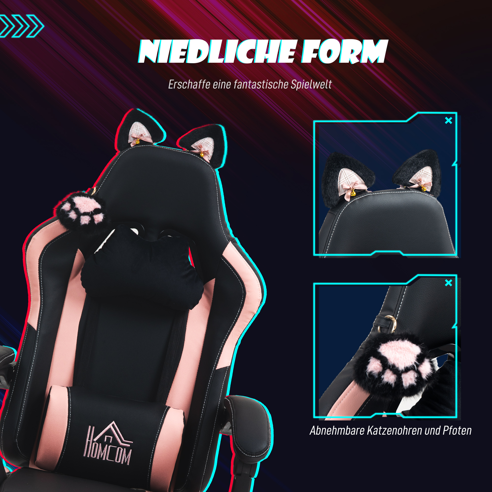 Gaming-Sessel Mit Katzenohren, Neigbare Lehne, Ausziehbare Fußstütze, Bis 120 Kg, Rosa/Schwarz 4