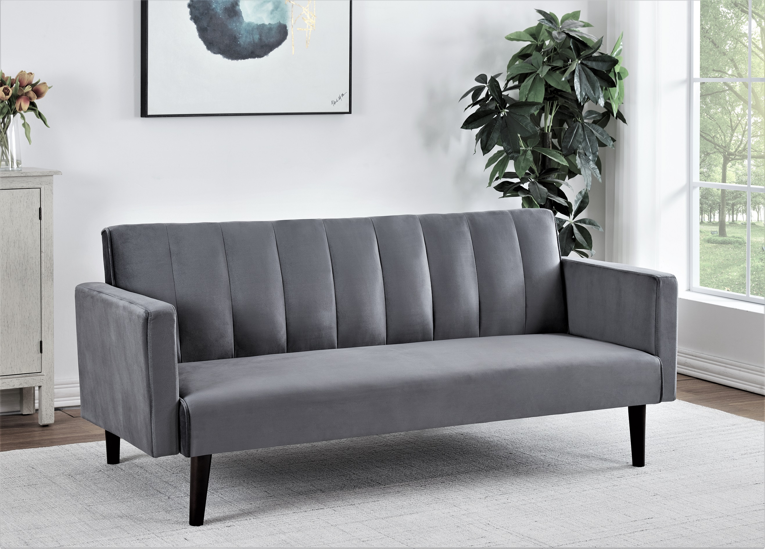 72   Velvet Convertible Futon Sofa Bed - Full Out Twin Sleeper Couch W Channel Stitch, Wood Frame & High-Density Foam - Space-Saving For Apartments Dorms, Grey